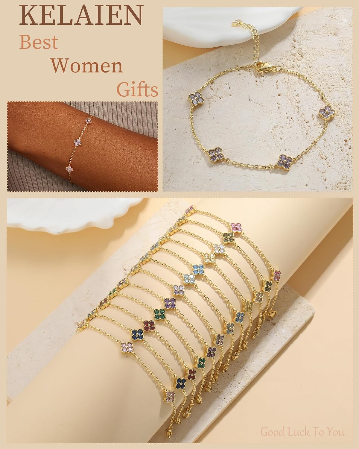 KELAIEN Pulsera de trébol de oro con piedra de nacimiento Pulsera d...