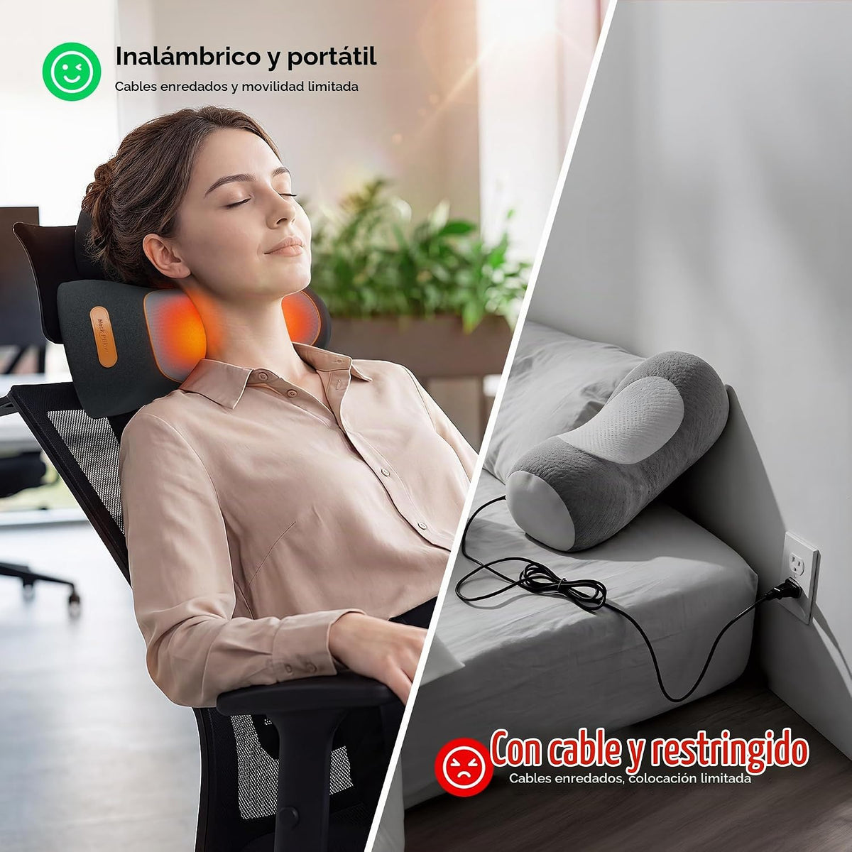 Almohada masajeadora de cuello inalámbrica 3 en 1 con calor, vibrac...