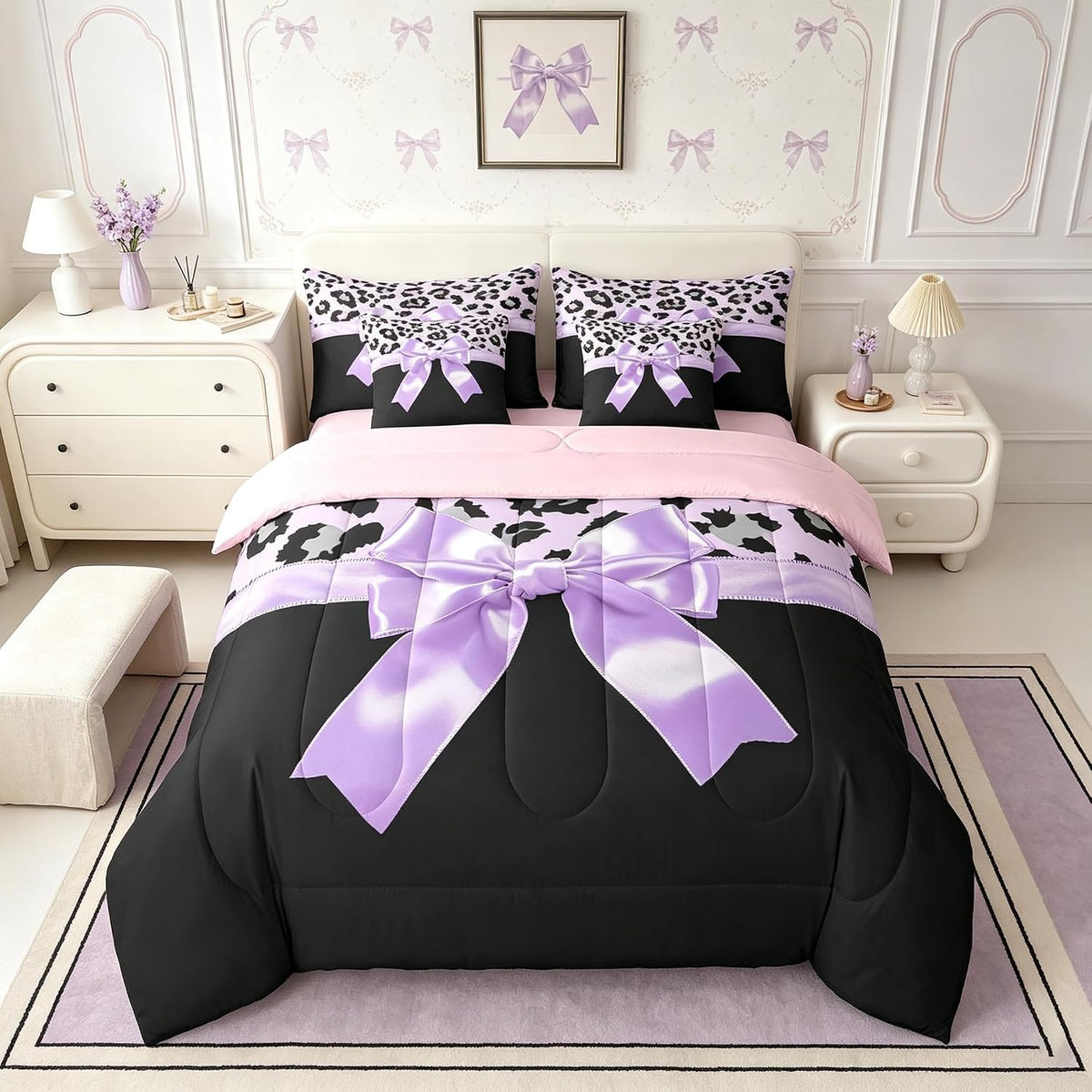 Feelyou Juego de ropa de cama de 7 piezas con lazo de seda morada t...