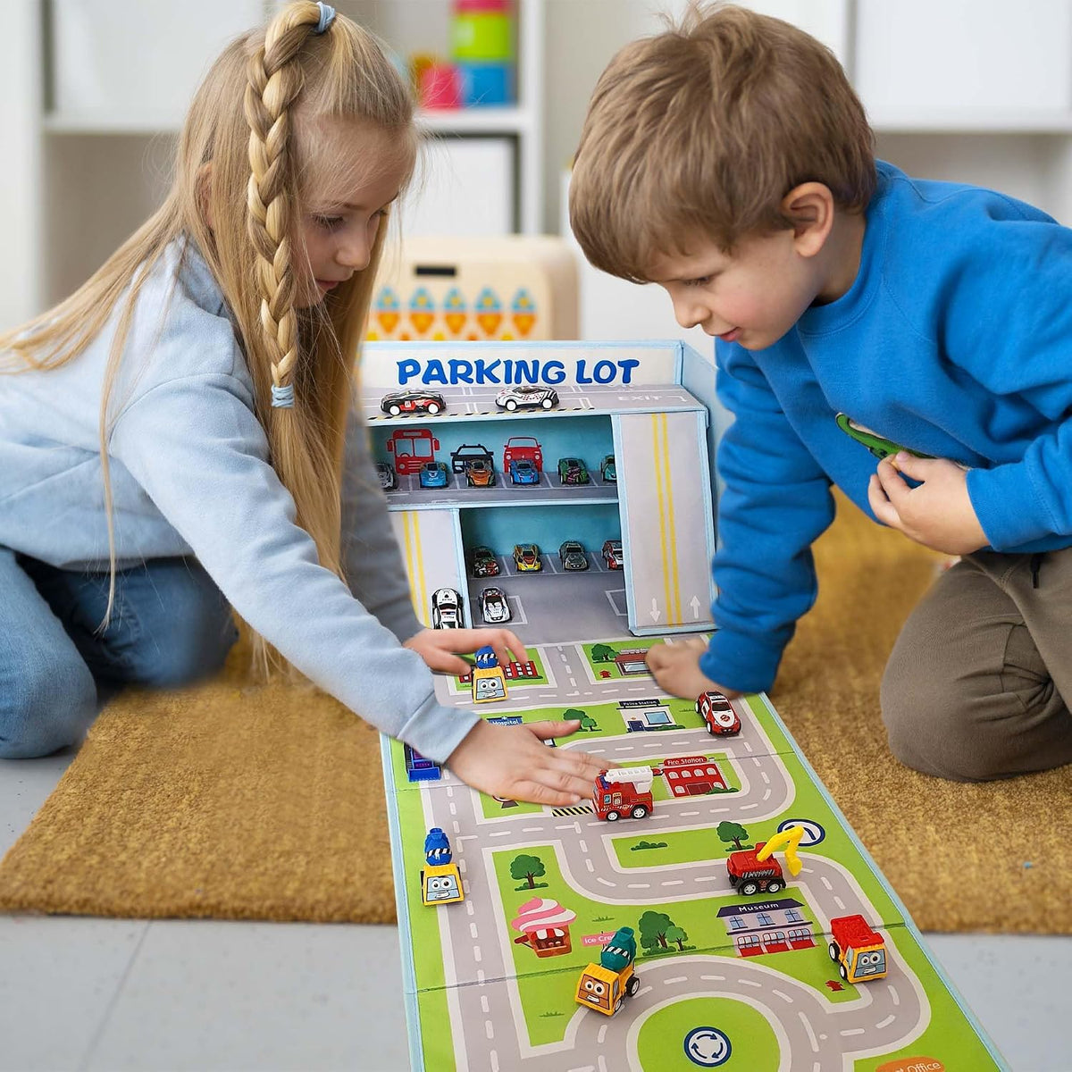 SAM AND MABEL Caja de garaje de juguete con alfombrilla de juego \u...