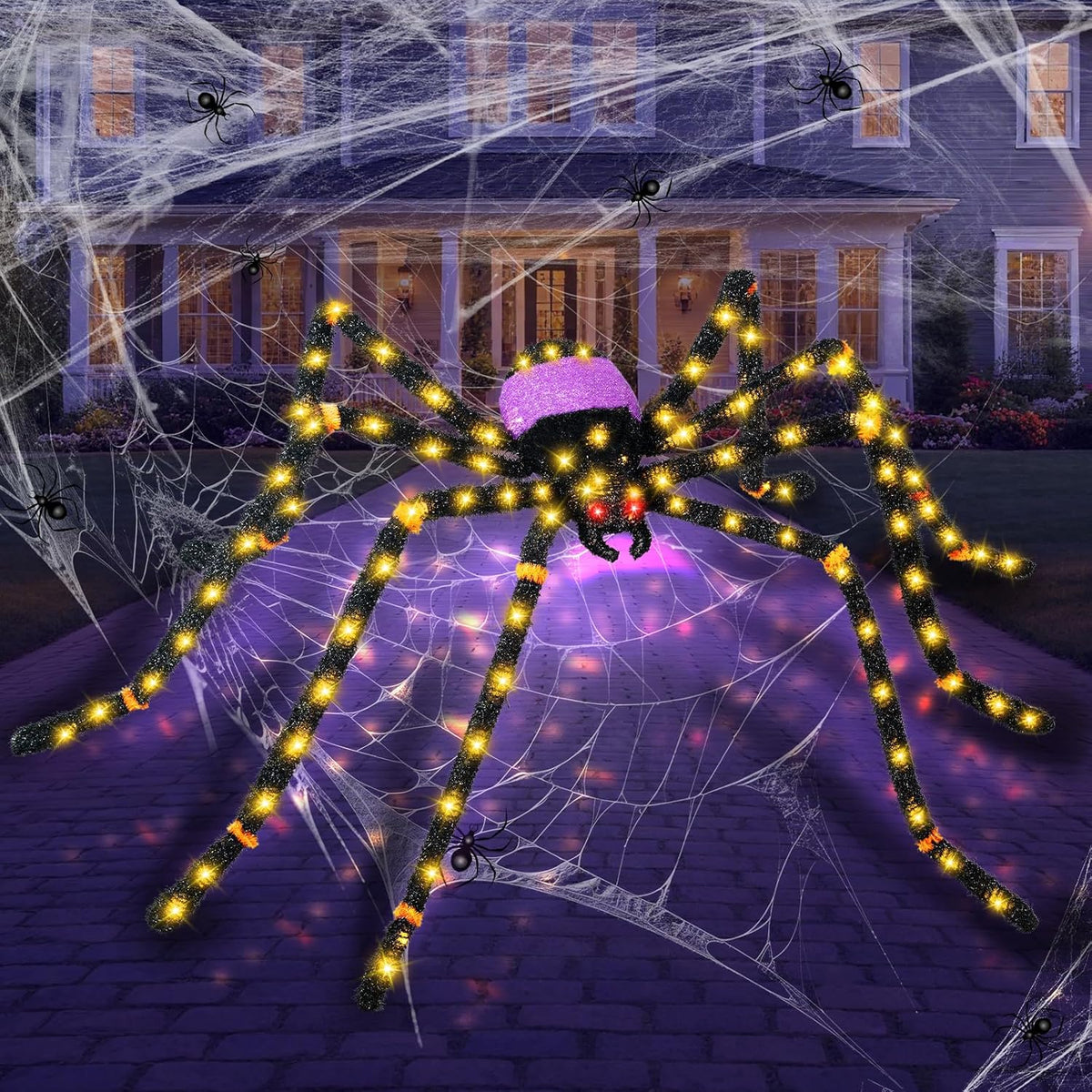 Araña gigante de 5.5 pies para decoración de Halloween con 100 luce...