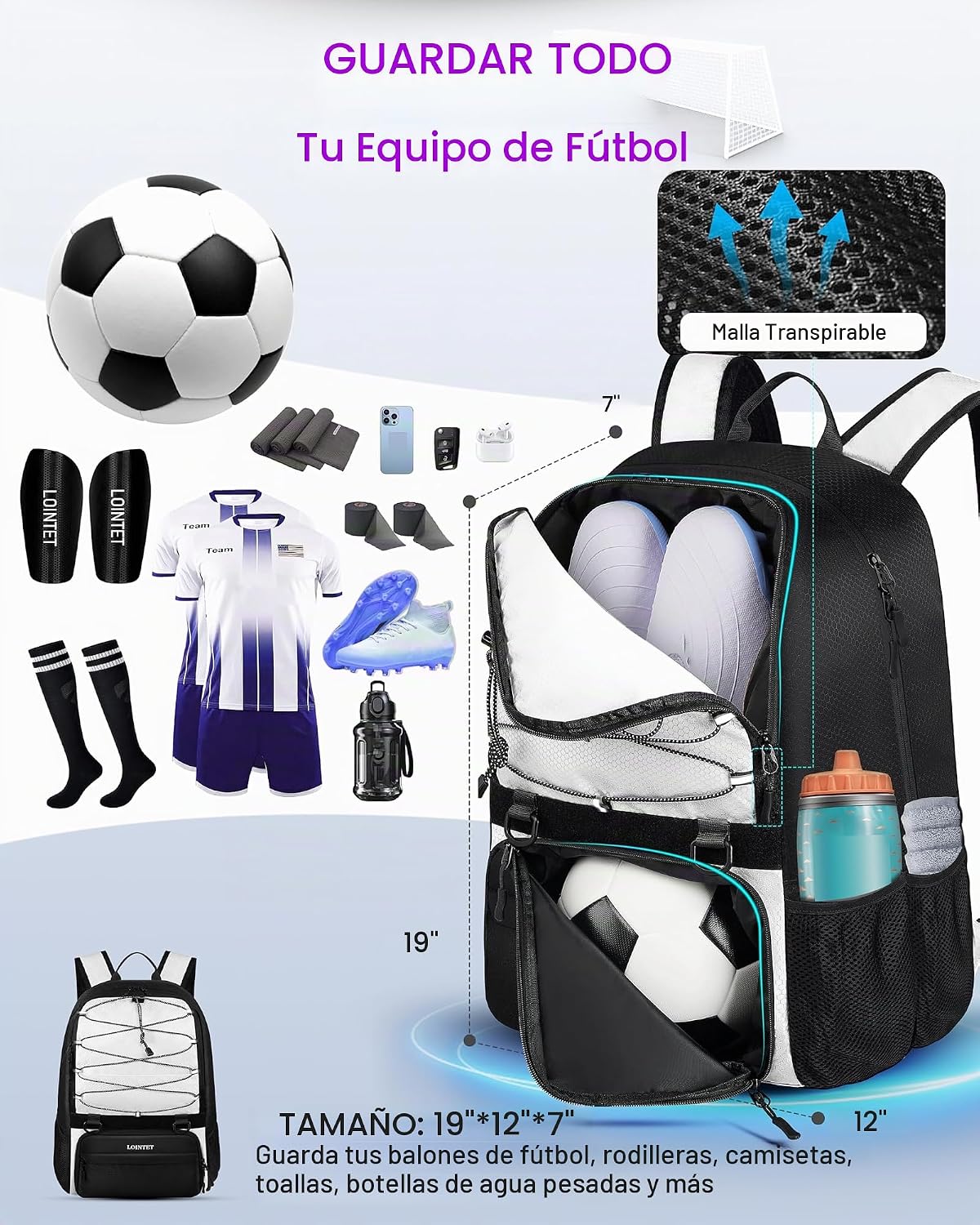 LOINTET Bolsa de fútbol juvenil, mochila de fútbol con compartiment...