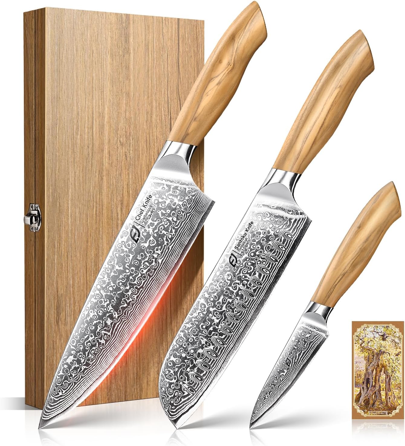 Juego de cuchillos de cocina de Damasco Emojoy, 3 piezas de cuchill...