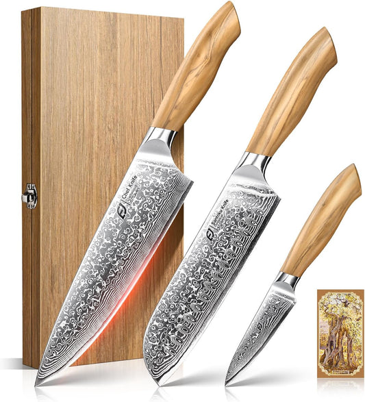 Juego de cuchillos de cocina de Damasco Emojoy, 3 piezas de cuchill...