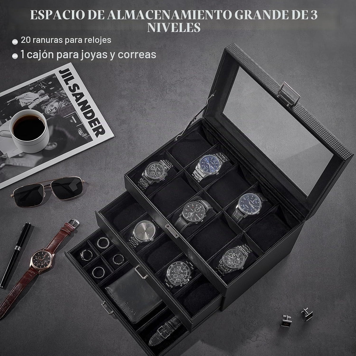ProCase Caja de reloj de 20 ranuras para hombre, vitrina de reloj d...