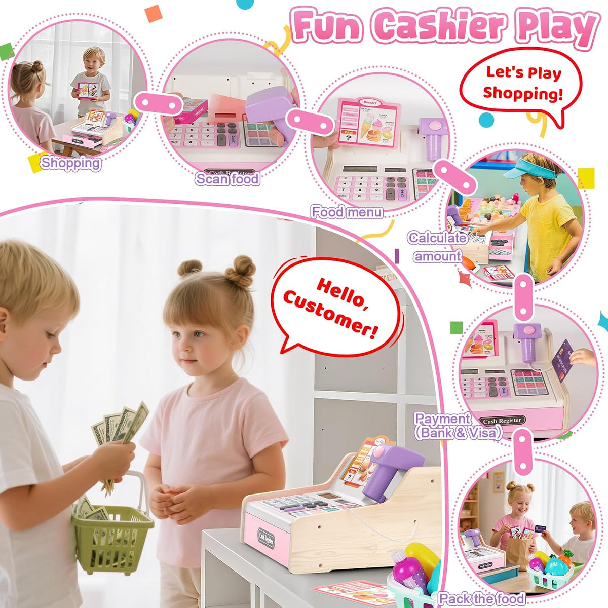 Caja registradora de madera para niños, caja registradora recargabl...