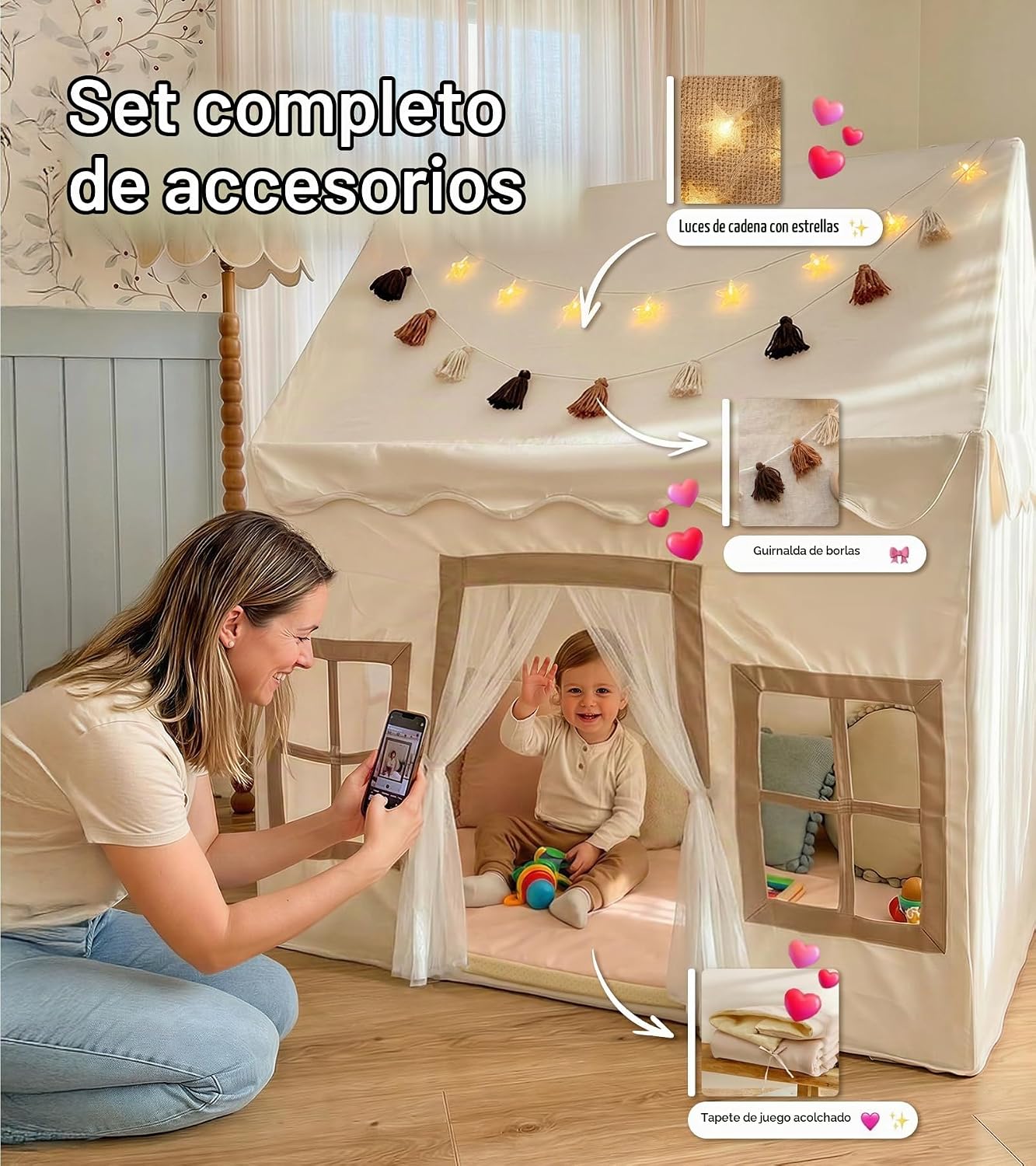 Tienda de campaña con alfombra, luz de estrella, gran casa de juego...