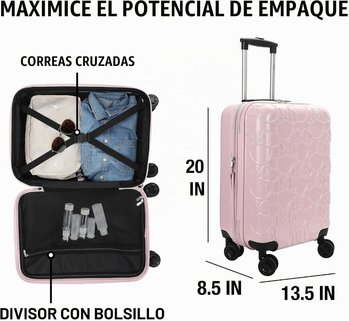 Bioworld Equipaje de mano rígido con ruedas, Minnie Mouse Classic M...