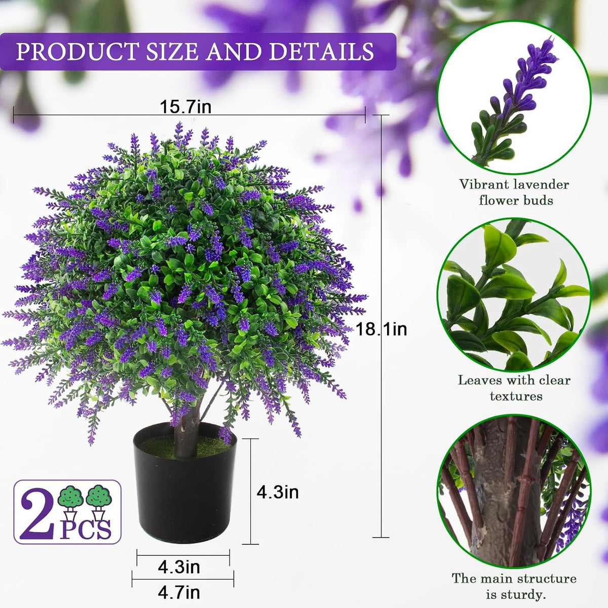 2 árboles artificiales de lavanda en maceta, resistentes a los rayo...
