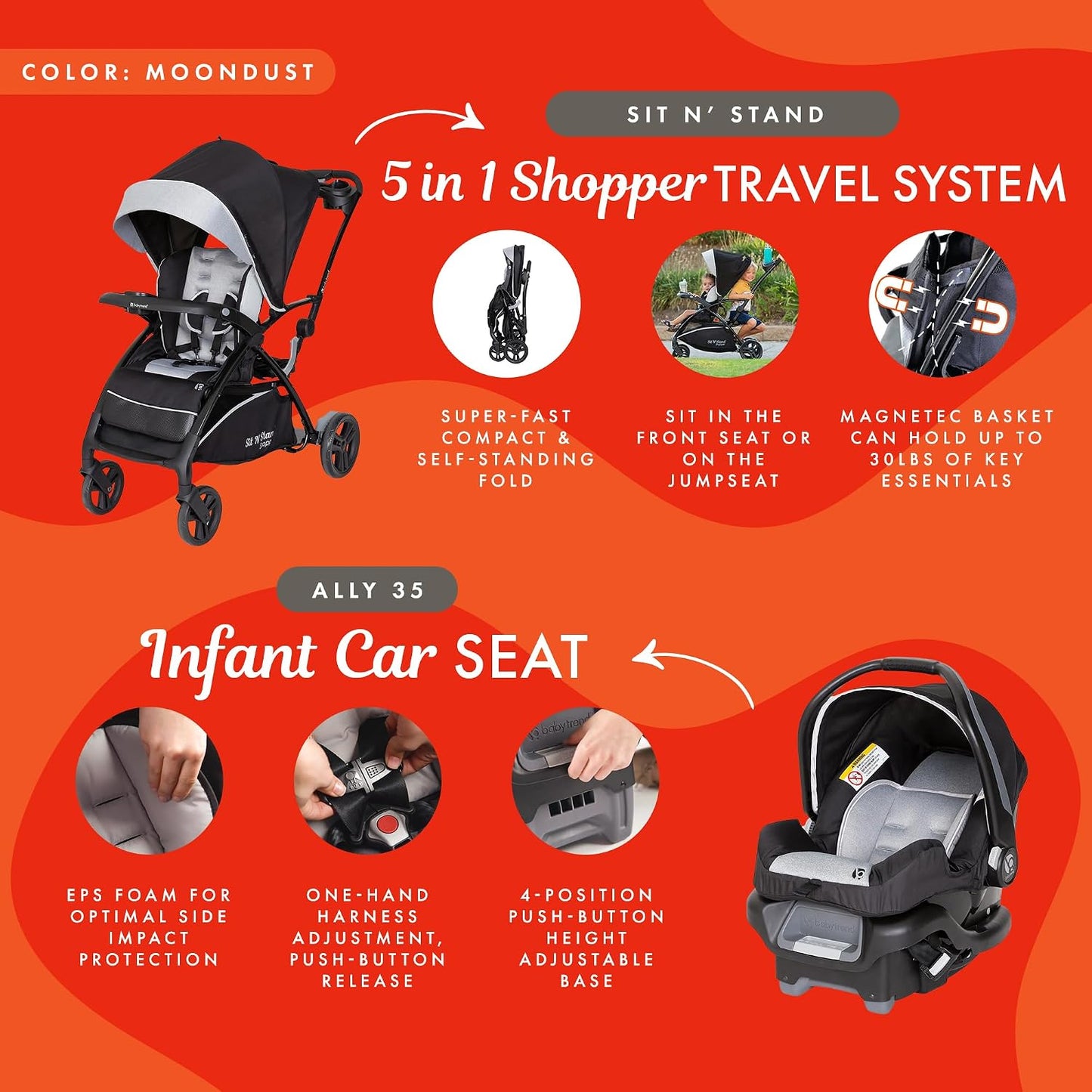 Baby Trend Sistema de viaje para compradores 5 en 1 Sit N' Stan...