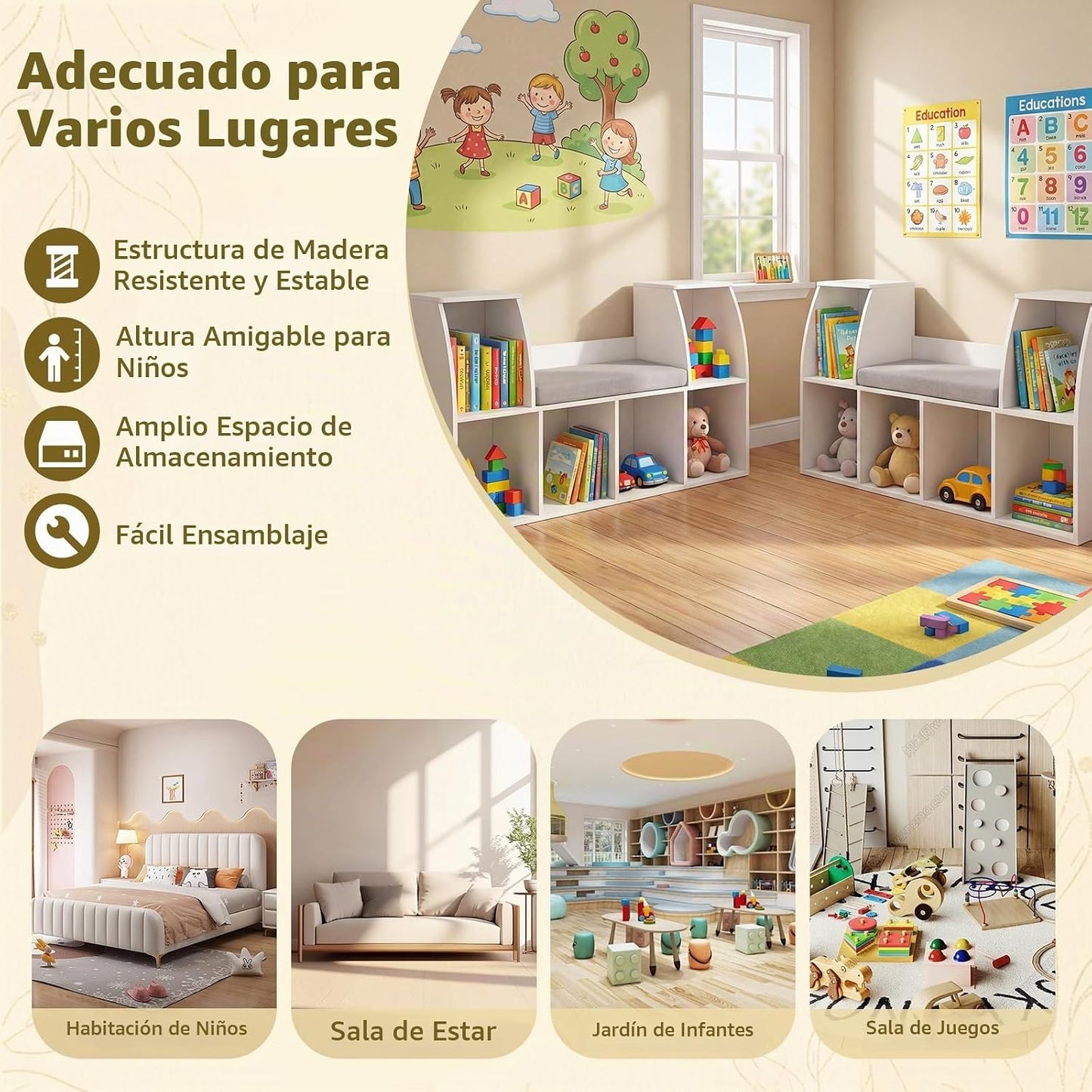 Costzon Estantería infantil con rincón de lectura, organizador de a...