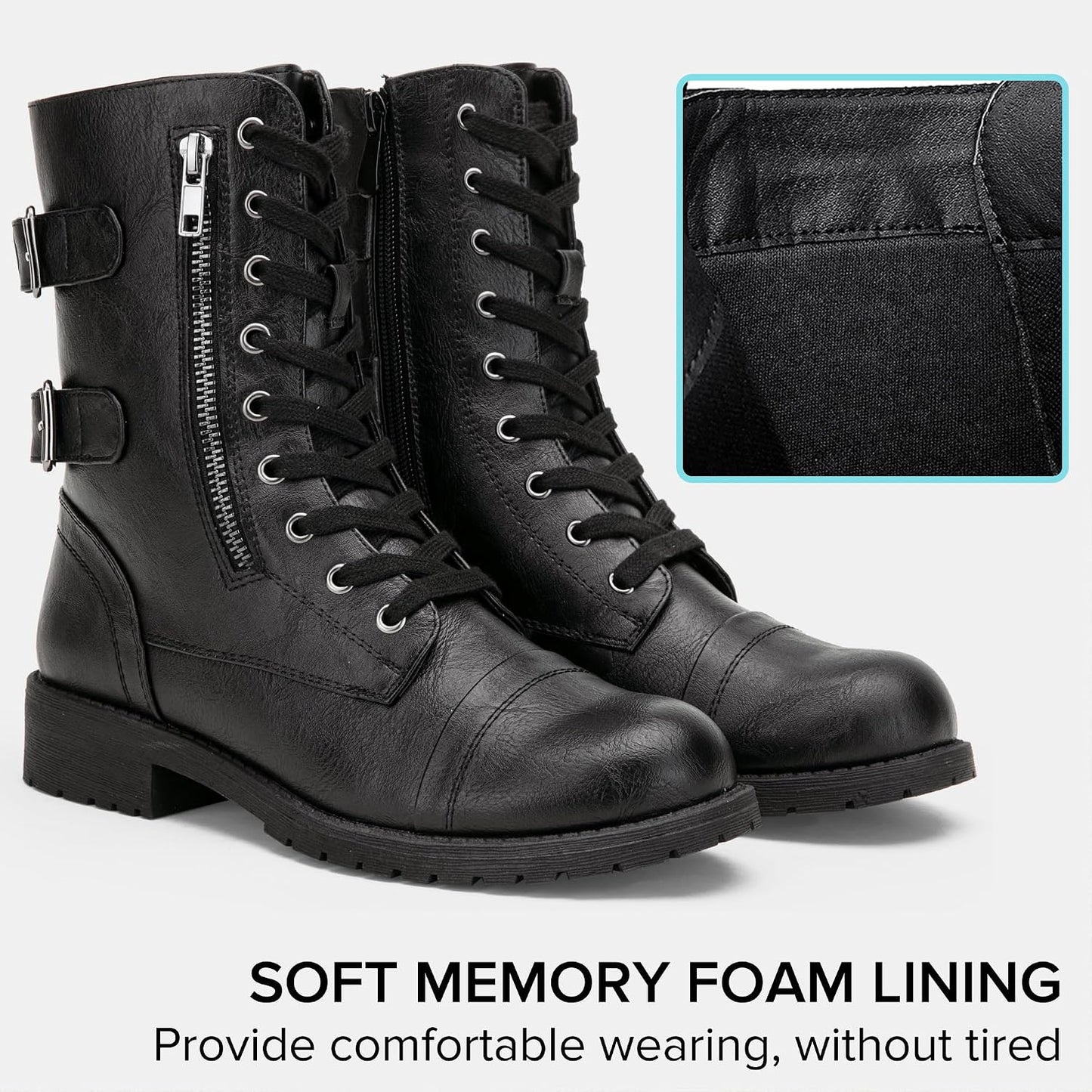 Vepose Botas de combate para mujer, tacón bajo, botas militares a m...