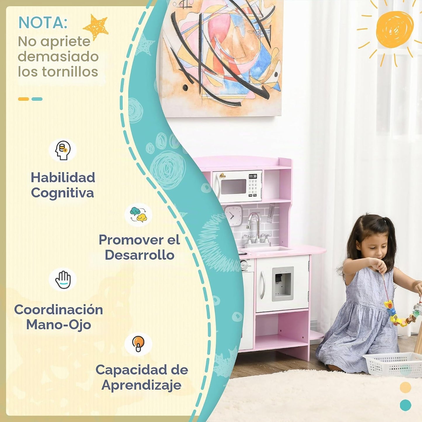 Qaba Juego de juguetes de cocina para niños, luces de estufa de 3 a...