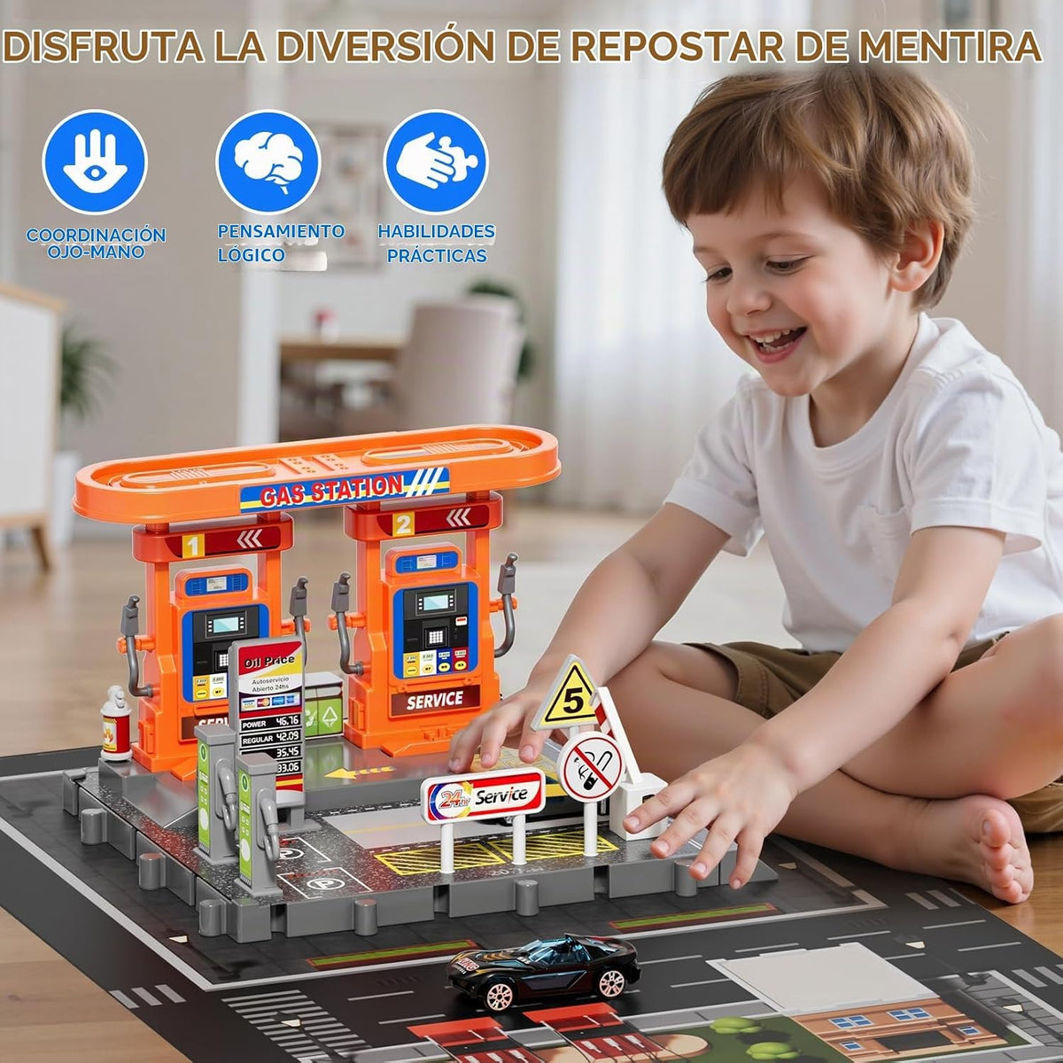 KIZONLY Juegos de coches de juguete, gasstation con mangueras móvil...
