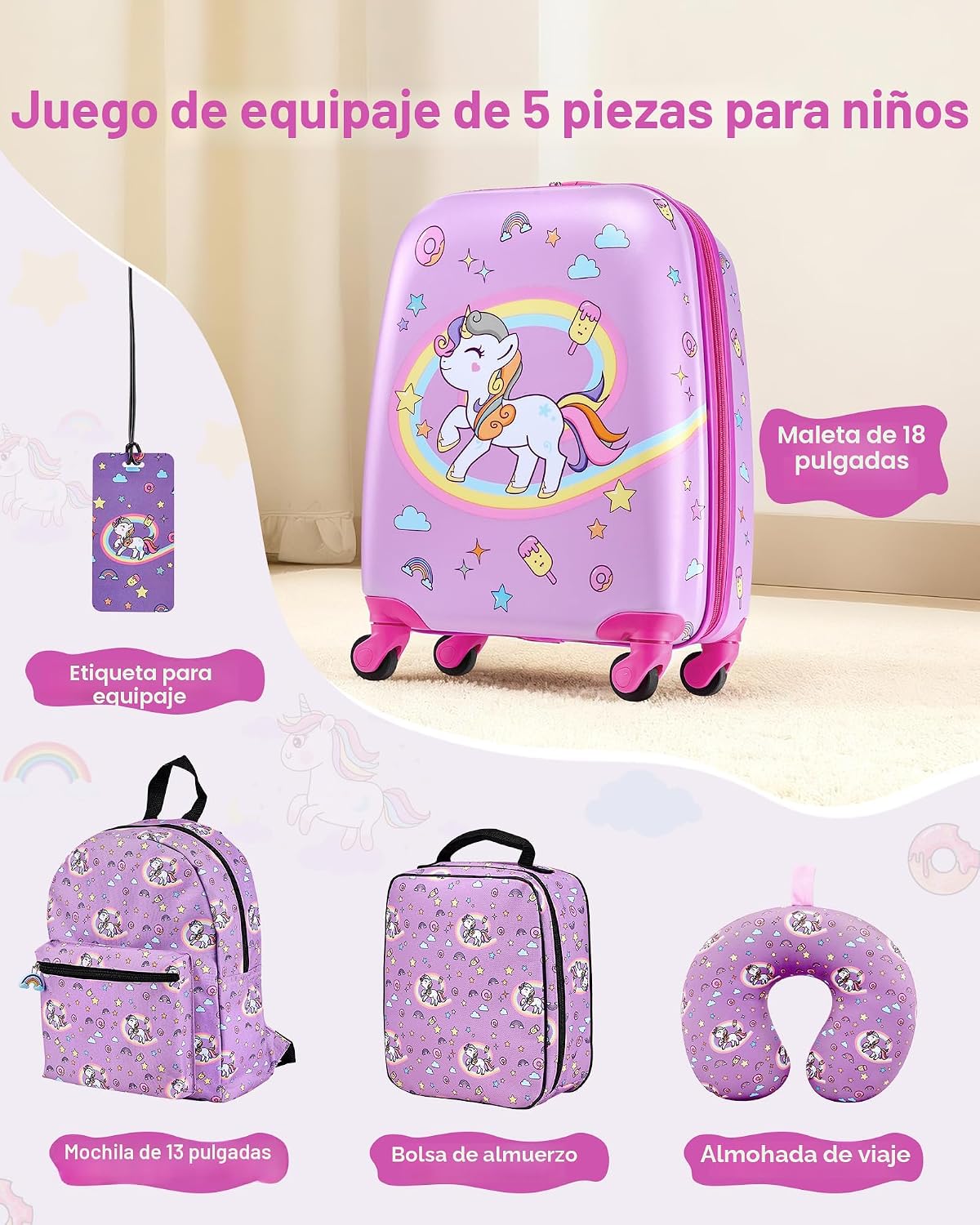VEVOR Juego de equipaje para niños, 5 piezas, maleta con ruedas ríg...