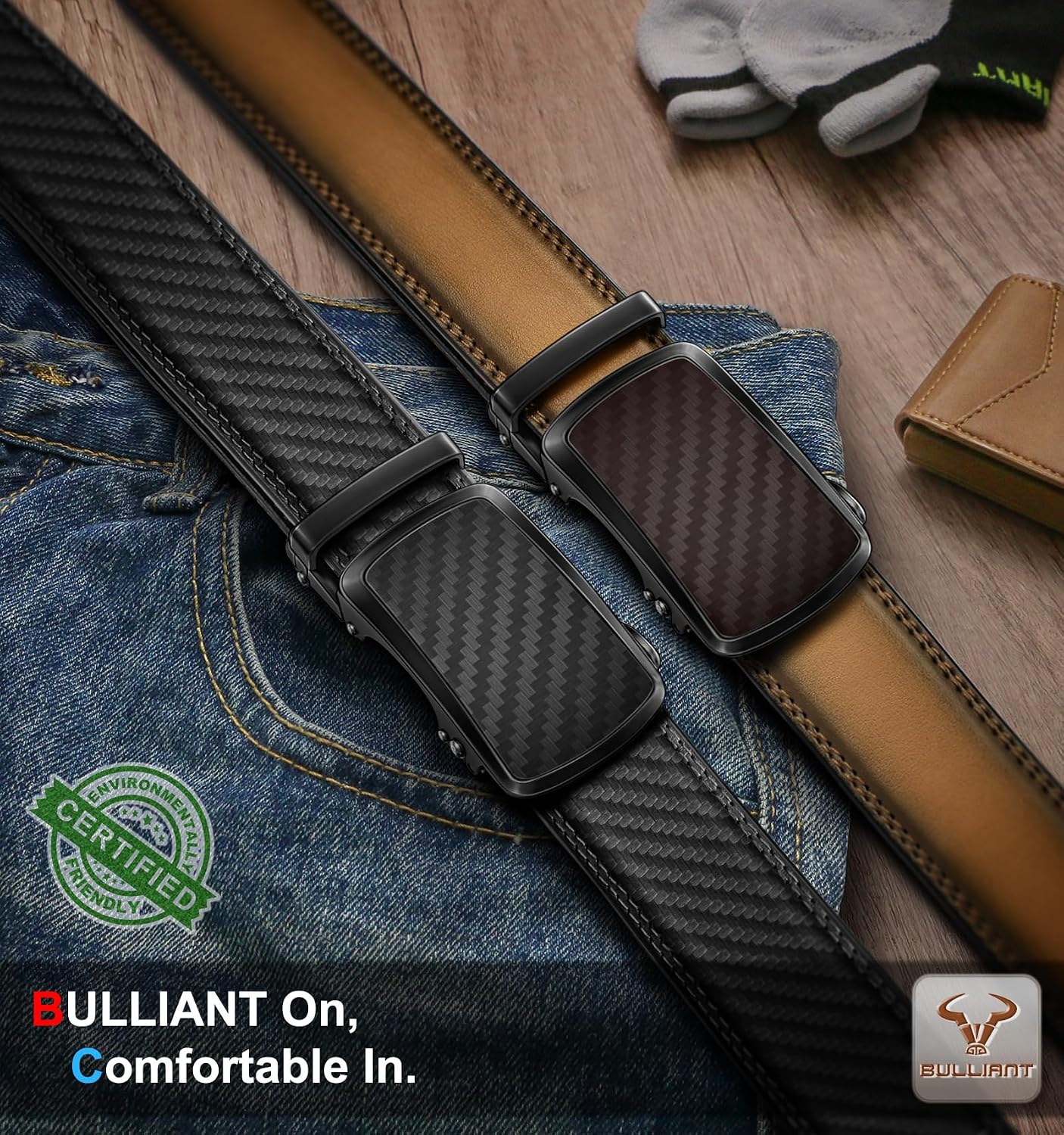 BULLIANT - Paquete de 2 cinturones de cuero con trinquete para homb...