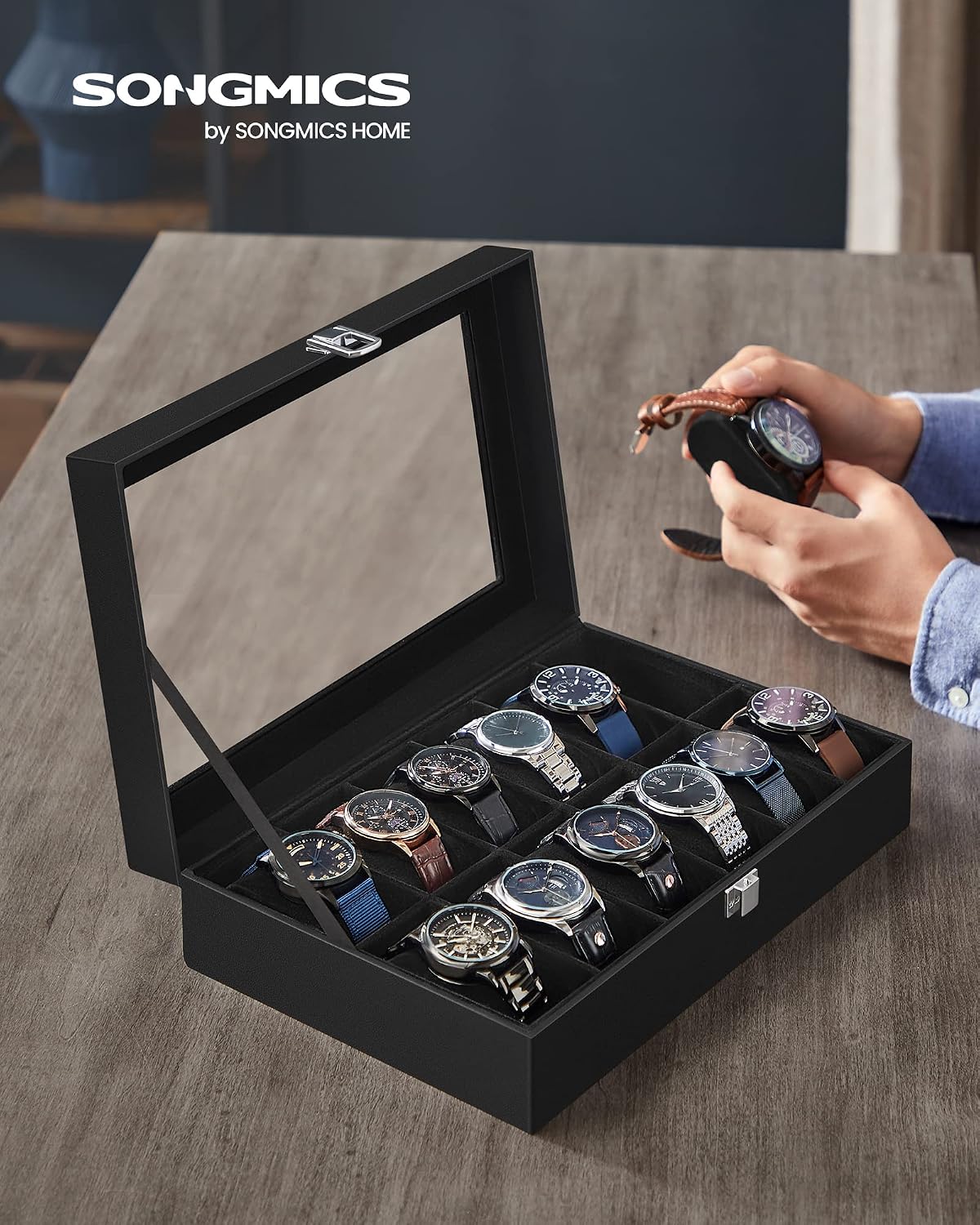 SONGMICS Caja de reloj, caja de reloj de 12 ranuras con tapa de vid...