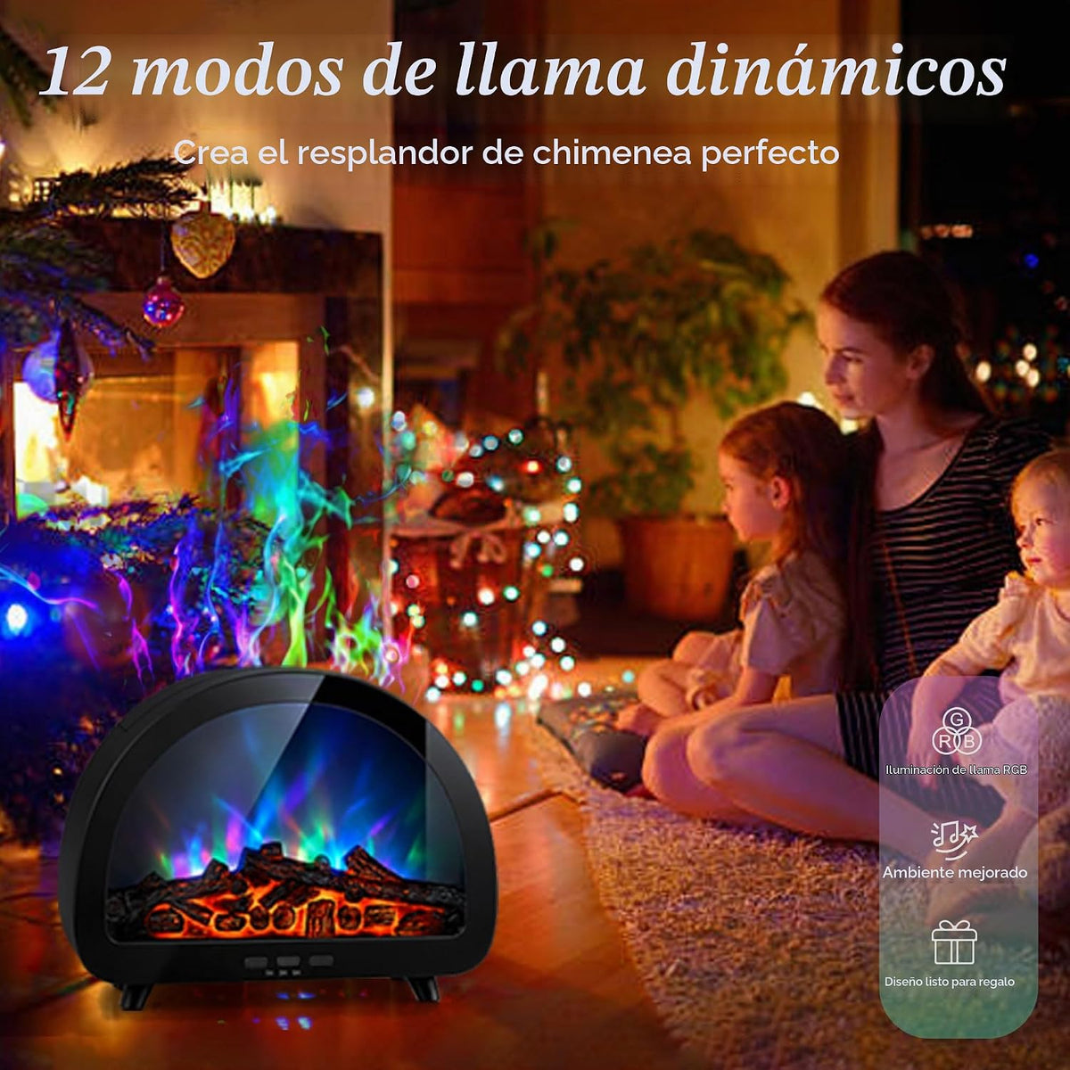 Difusor de aceite esencial para chimenea, 12 colores de llama, humi...