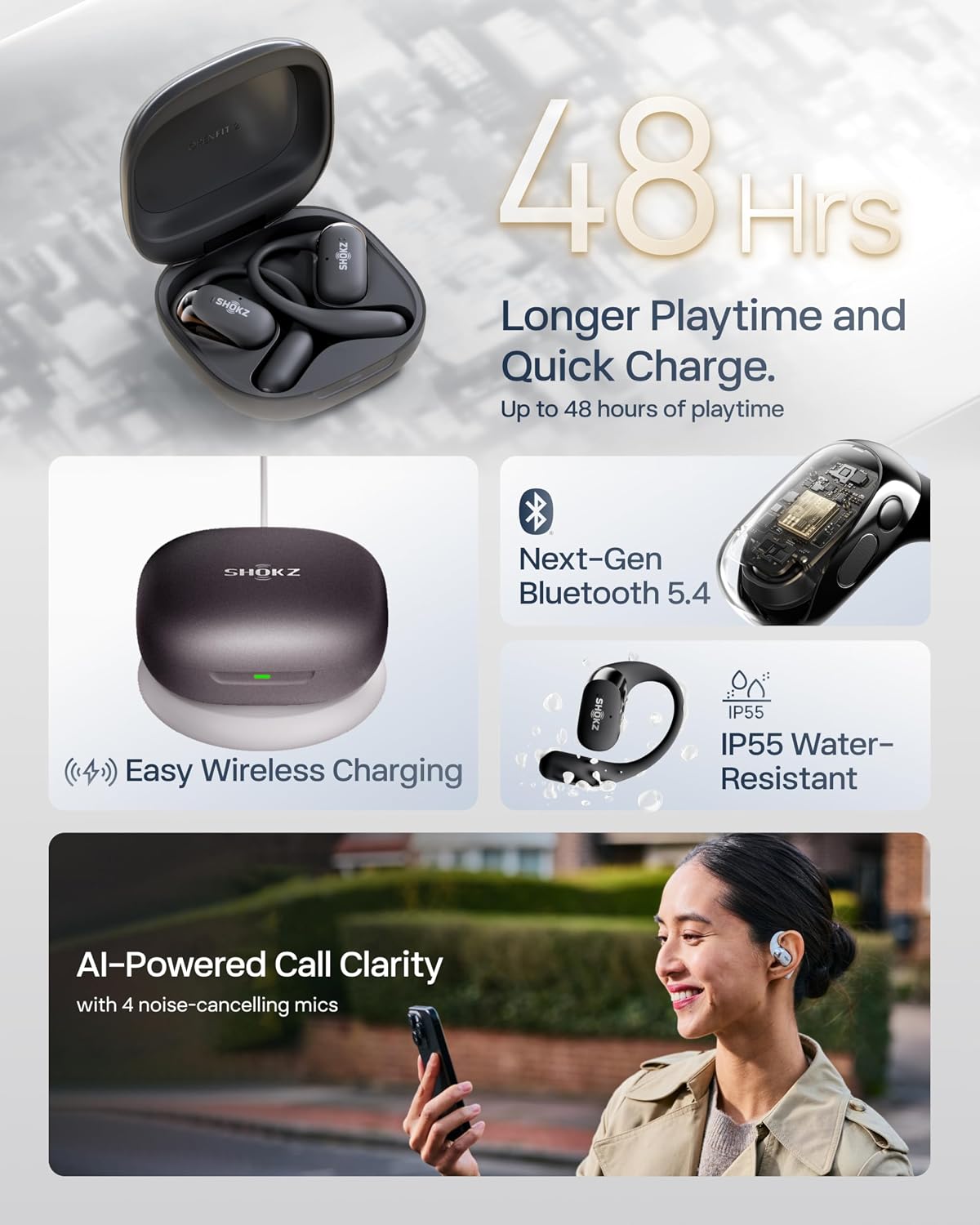 SHOKZ Nuevos auriculares OpenFit 2+ de oreja abierta, habilitados p...