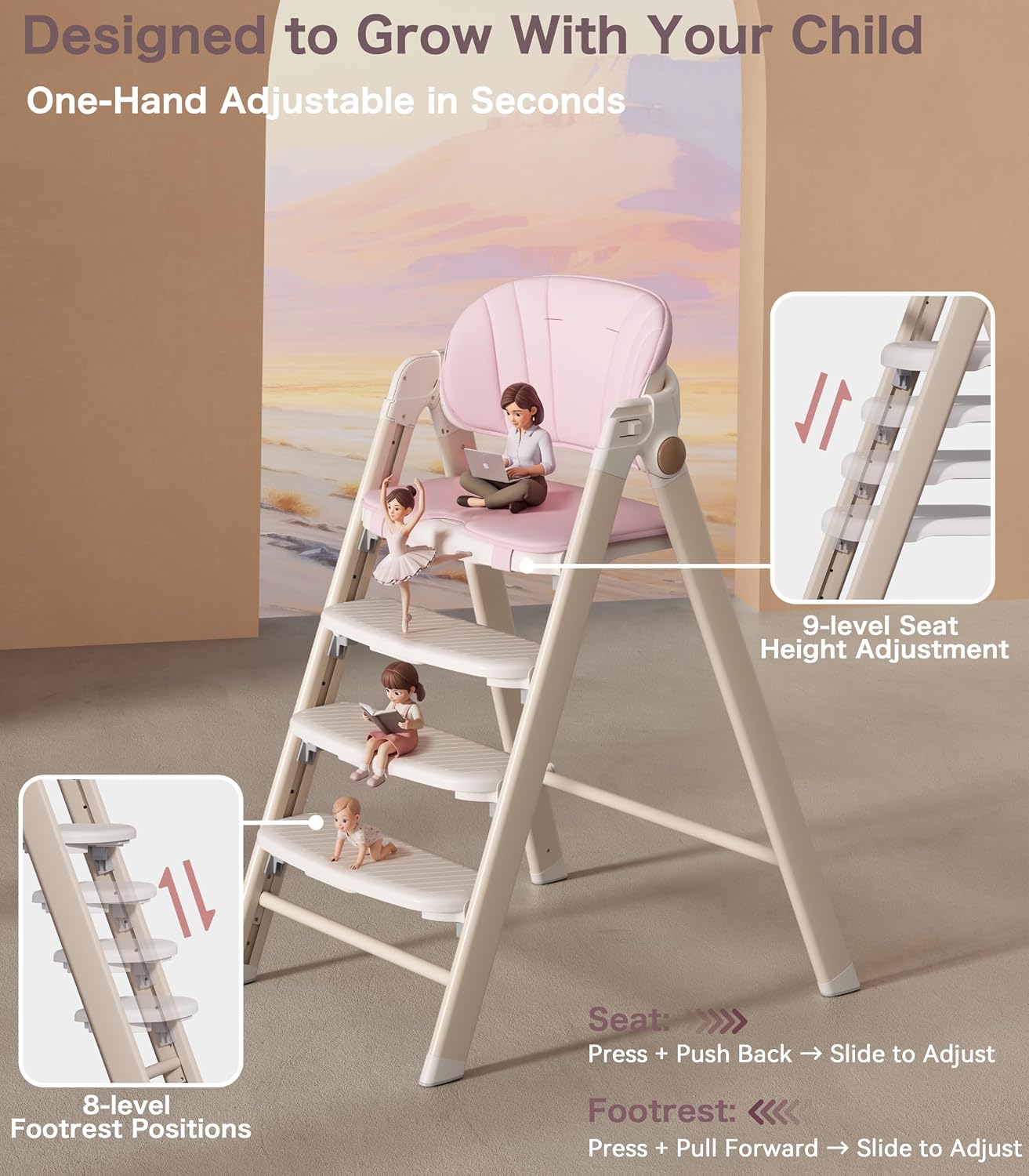 Silla alta plegable para bebé y torre de pie para niñas mayores de...