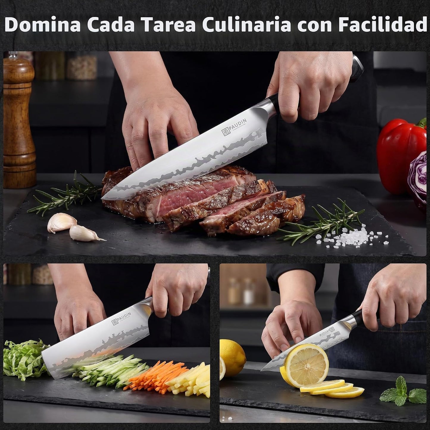 PAUDIN - Juego de cuchillos de cocina ultra afilados de acero de al...