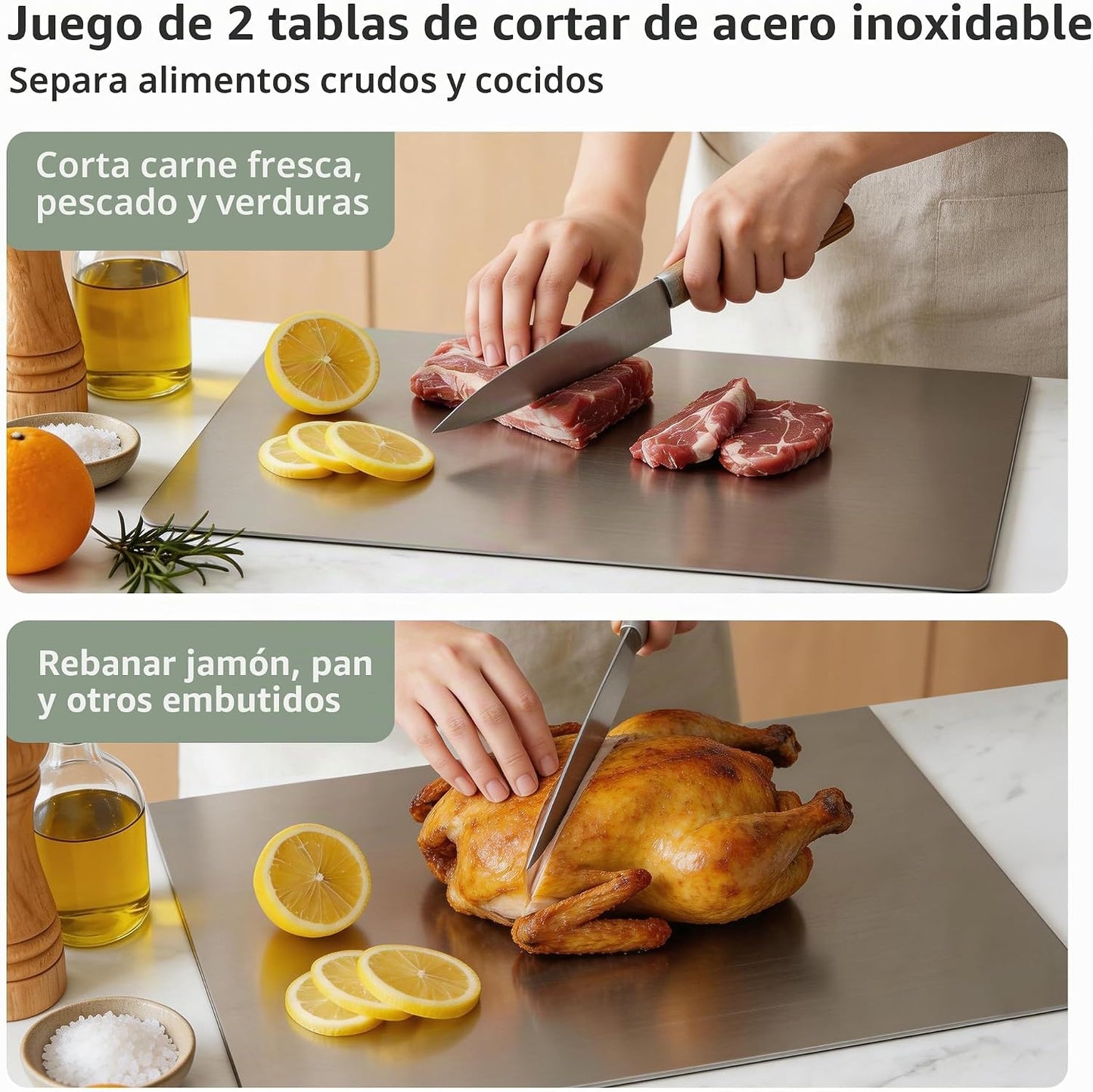 Tabla de cortar de acero inoxidable de 2 piezas con borde, tabla de...