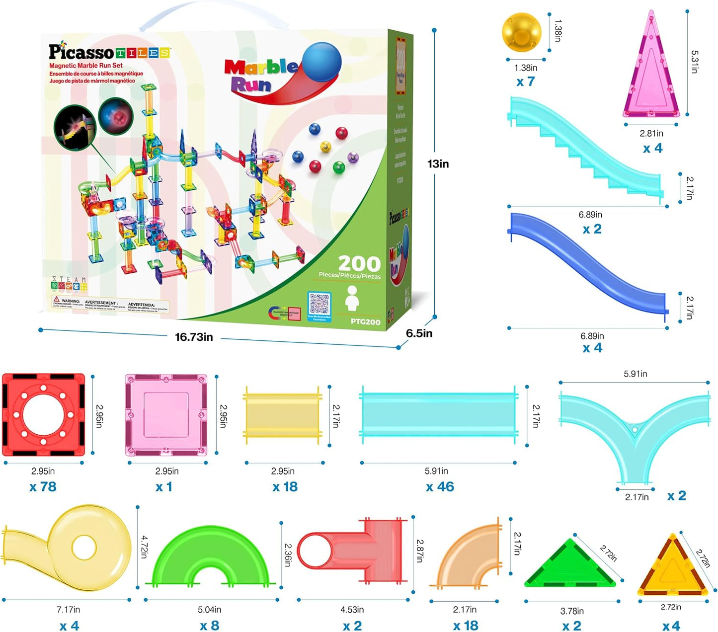 PicassoTiles PTG200 - Juego de 200 azulejos magnéticos de canicas,...
