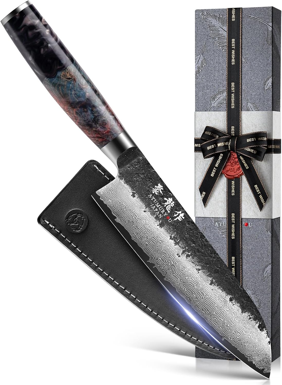 Cuchillo japonés Santoku de 7 pulgadas, núcleo de acero de Damasco...