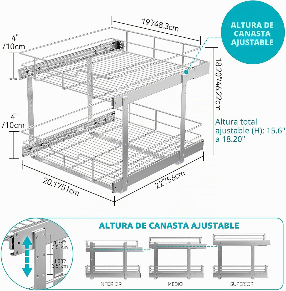 Organizador de gabinete extraíble de 2 niveles, 21 pulgadas de anch...