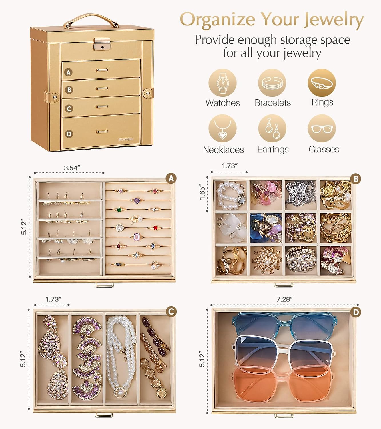 Homde - Joyero grande para mujer: organizador de 5 capas con cerrad...