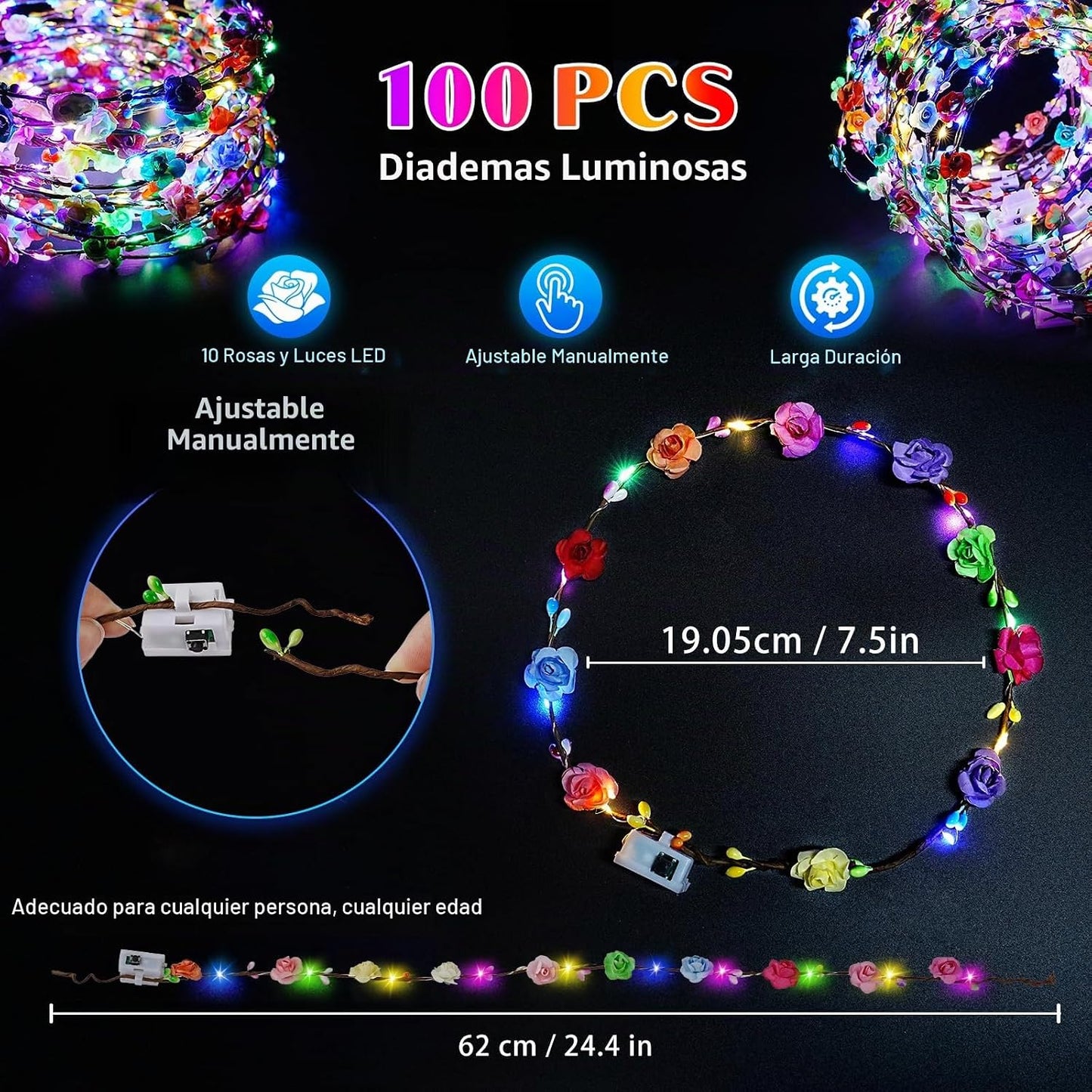 HONLYNE 100 PCS Diademas de Coronas de Flores LED, Coronas de Flore...