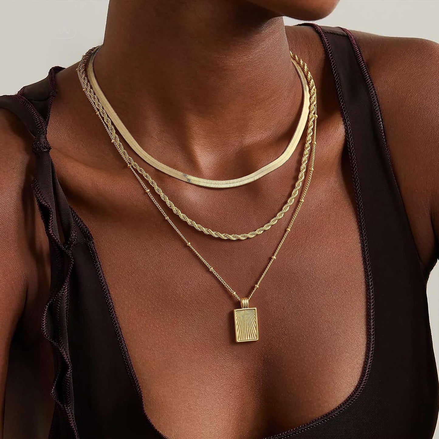 M MOOHAM Collares de oro en capas para mujer, chapado en oro de 14...