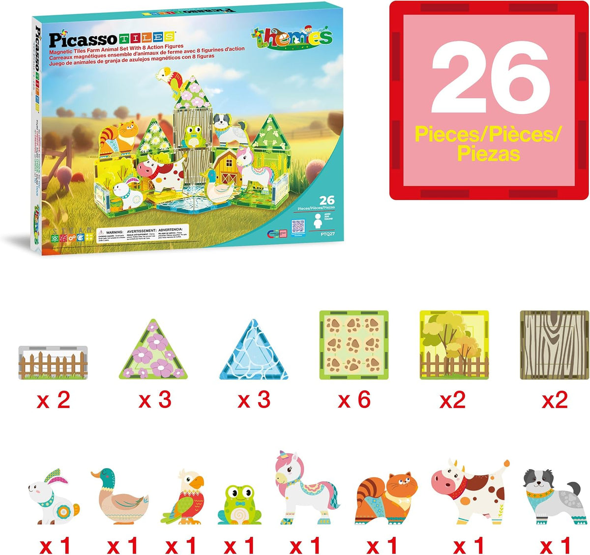 PicassoTiles Juego de 26 azulejos magnéticos, juego de granja de ot...