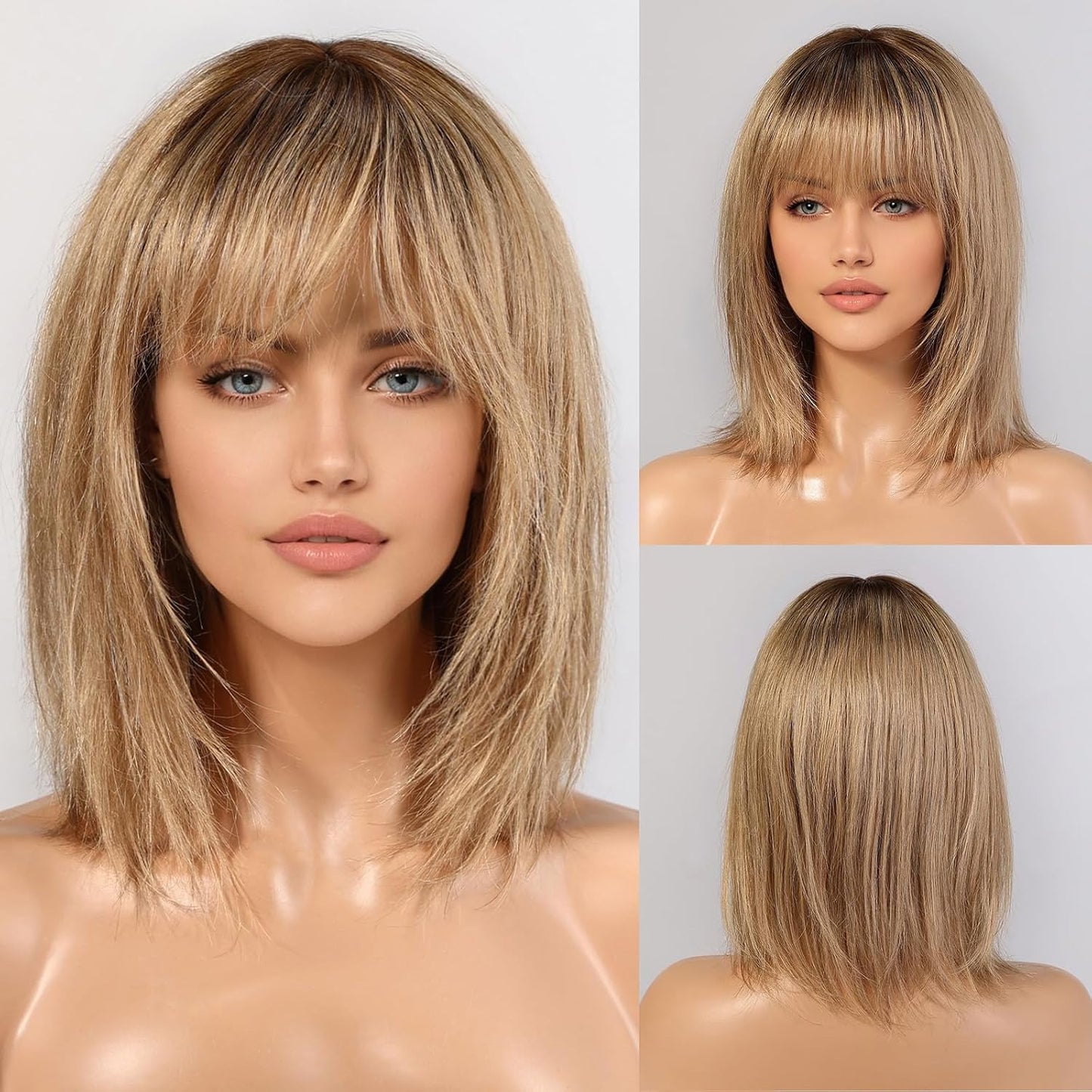 KKU Pelucas de cabello humano rubio ceniza degradado de 12 pulgadas...