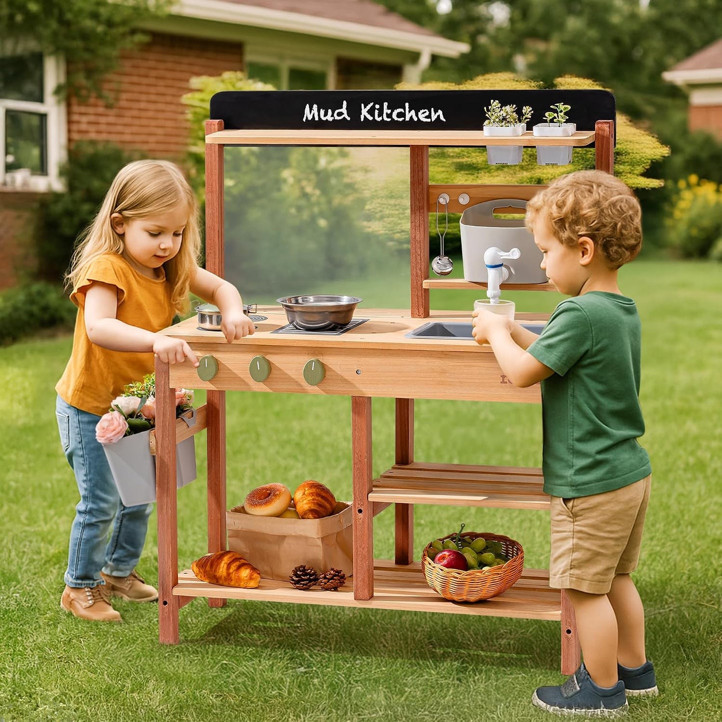 Robud Cocina de barro de madera para niños, juego de cocina al aire...