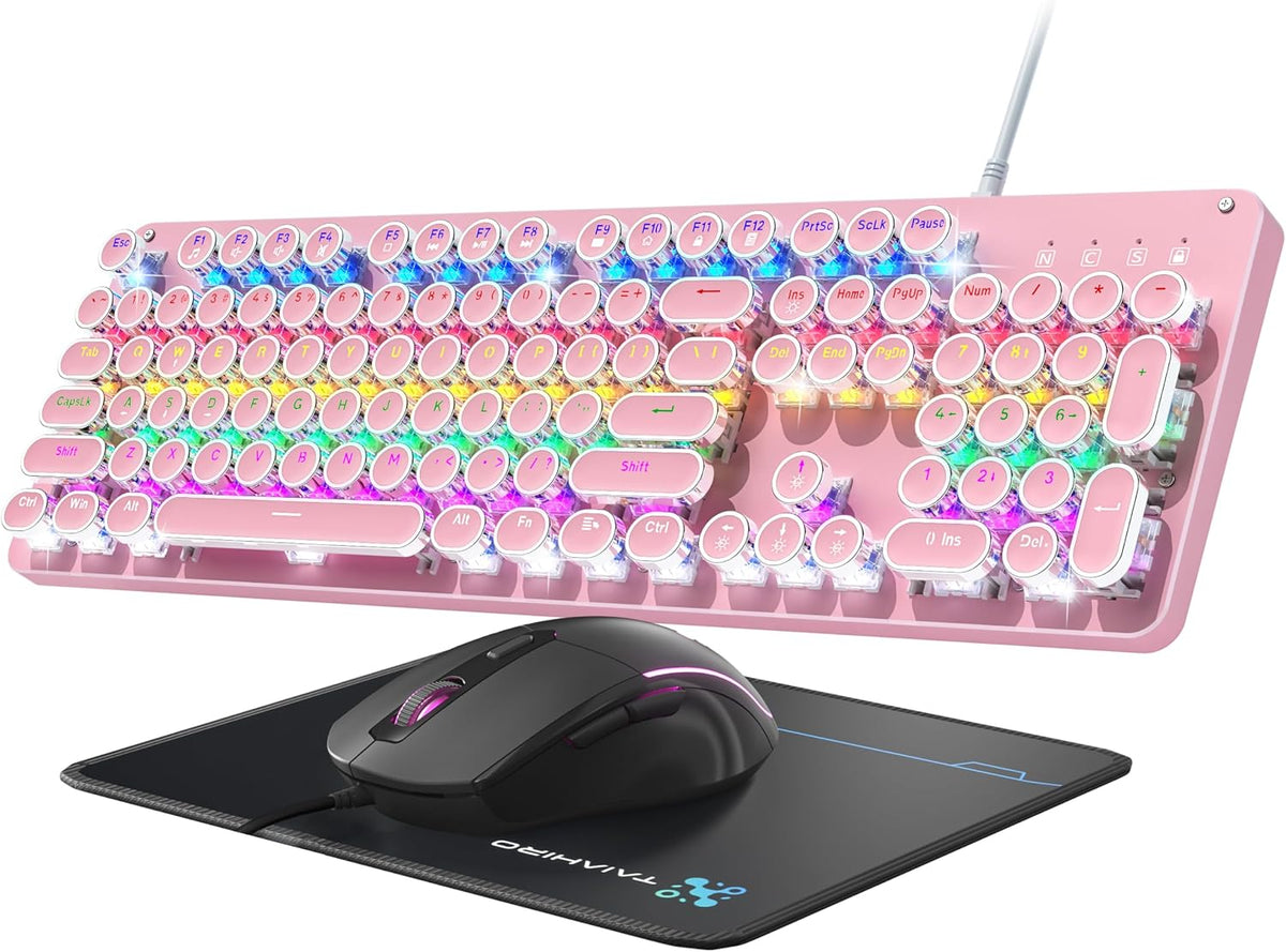 Bevewlpol Combo de teclado mecánico y mouse rosa para juegos, tecla...