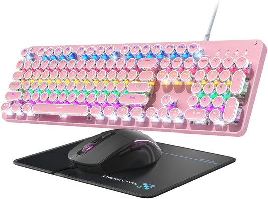 Bevewlpol Combo de teclado mecánico y mouse rosa para juegos, tecla...