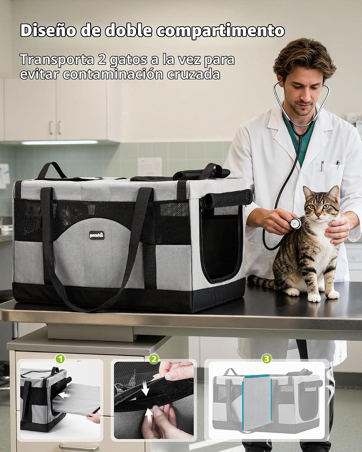 Pecute Transportador grande para gatos, suave doble jaula para masc...