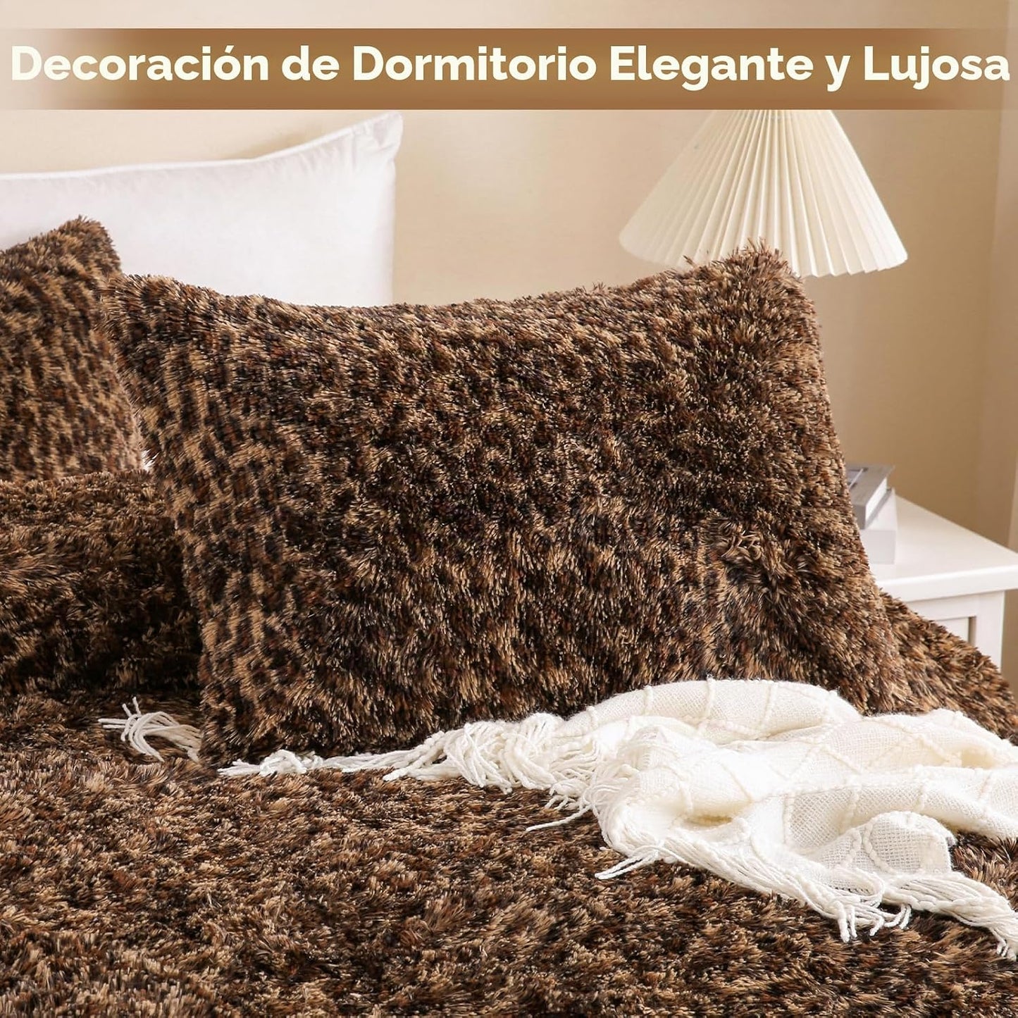 Juego de edredón de piel sintética esponjosa con estampado de leopa...