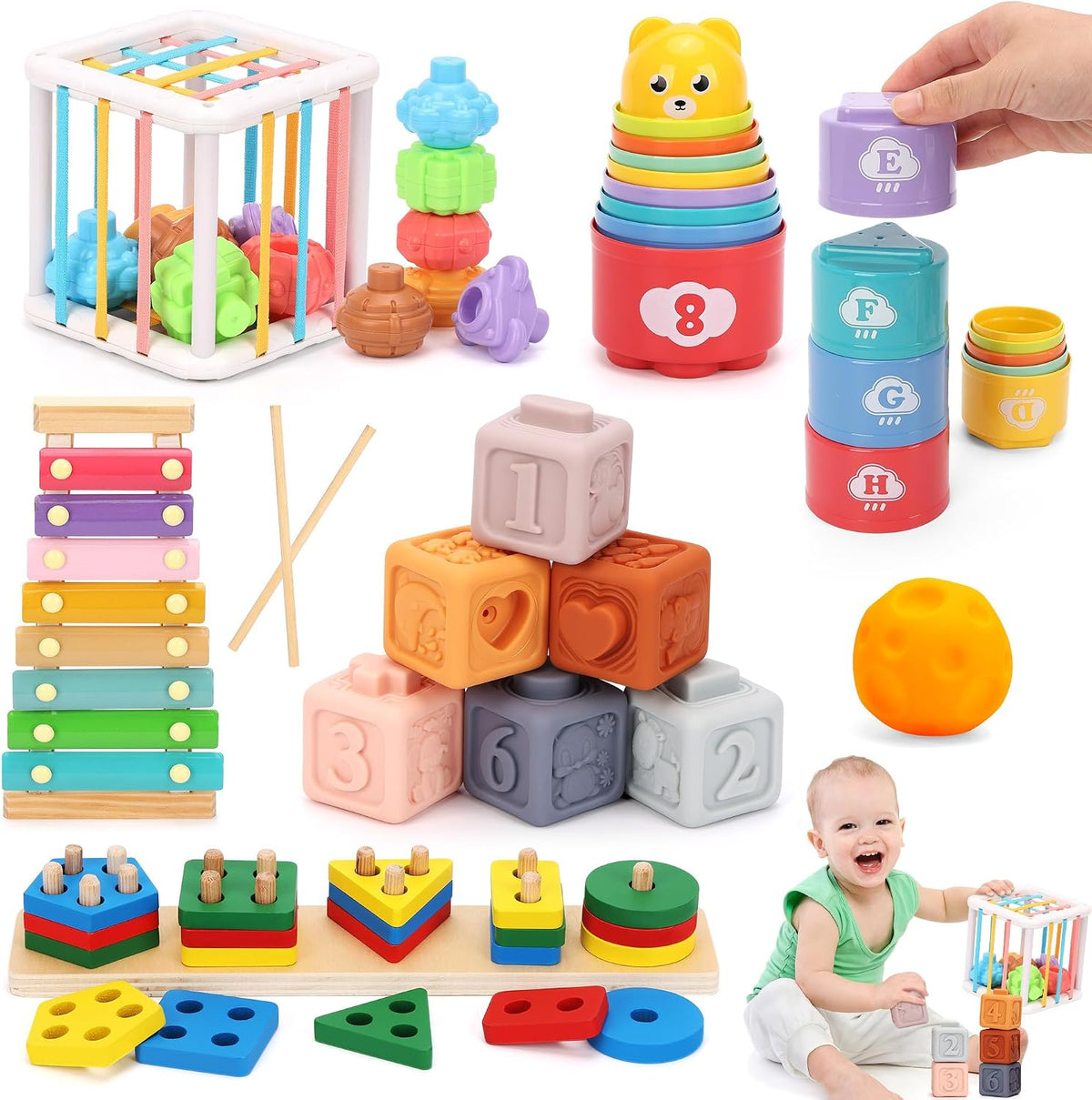 FlufiFiea Juguetes Montessori 6 en 1 para bebés de 6 a 12 a 18 mese...