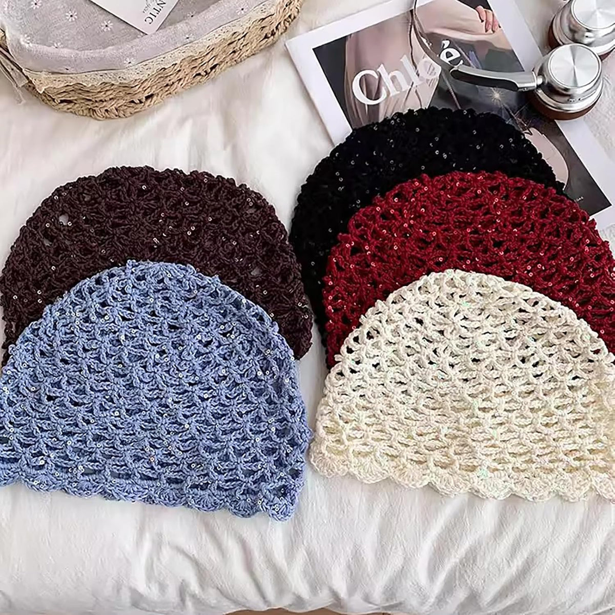 Julpsk Gorro de ganchillo hecho a mano con lentejuelas brillantes d...