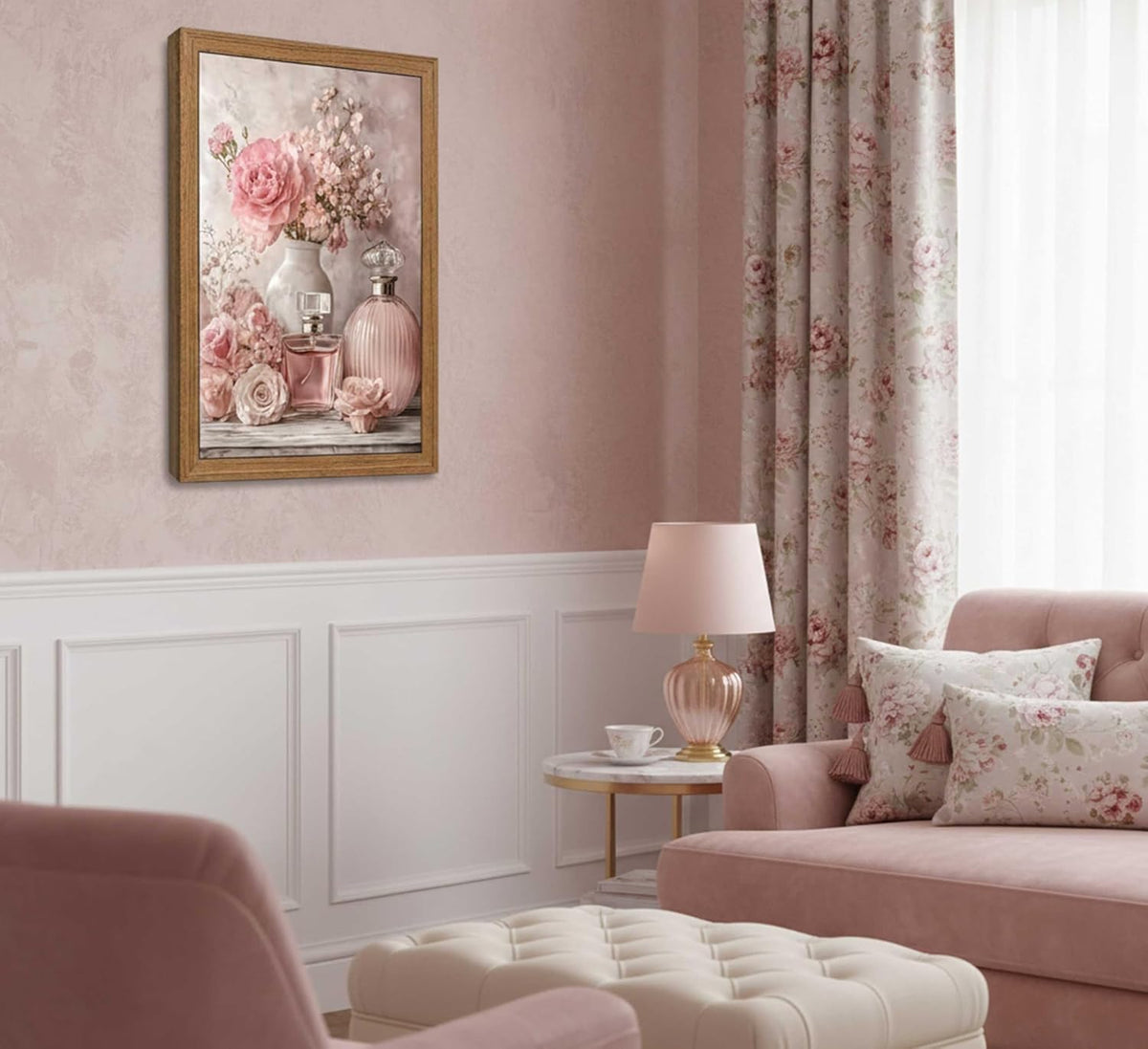 Arte de pared enmarcado de flores rosas, botella de perfume floral...