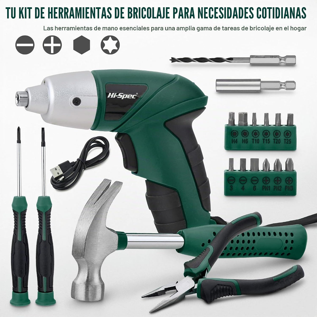 Hi-Spec Destornillador eléctrico USB de 3.6 V para reparaciones y m...