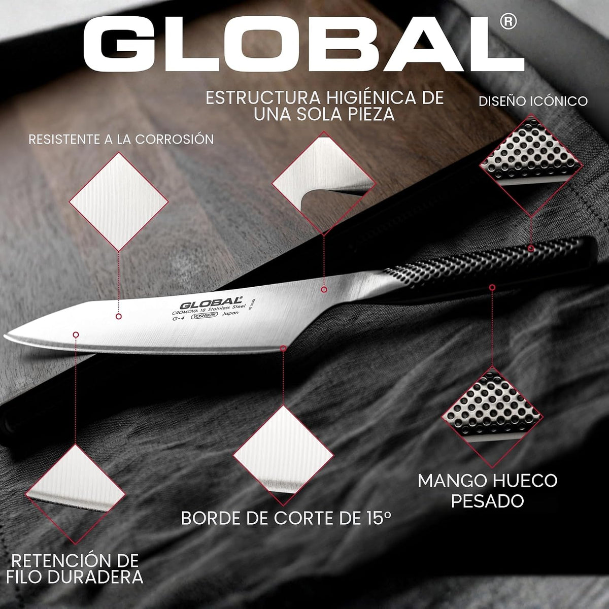 Global Cuchillo de chef de 8 pulgadas, acero inoxidable japonés lig...