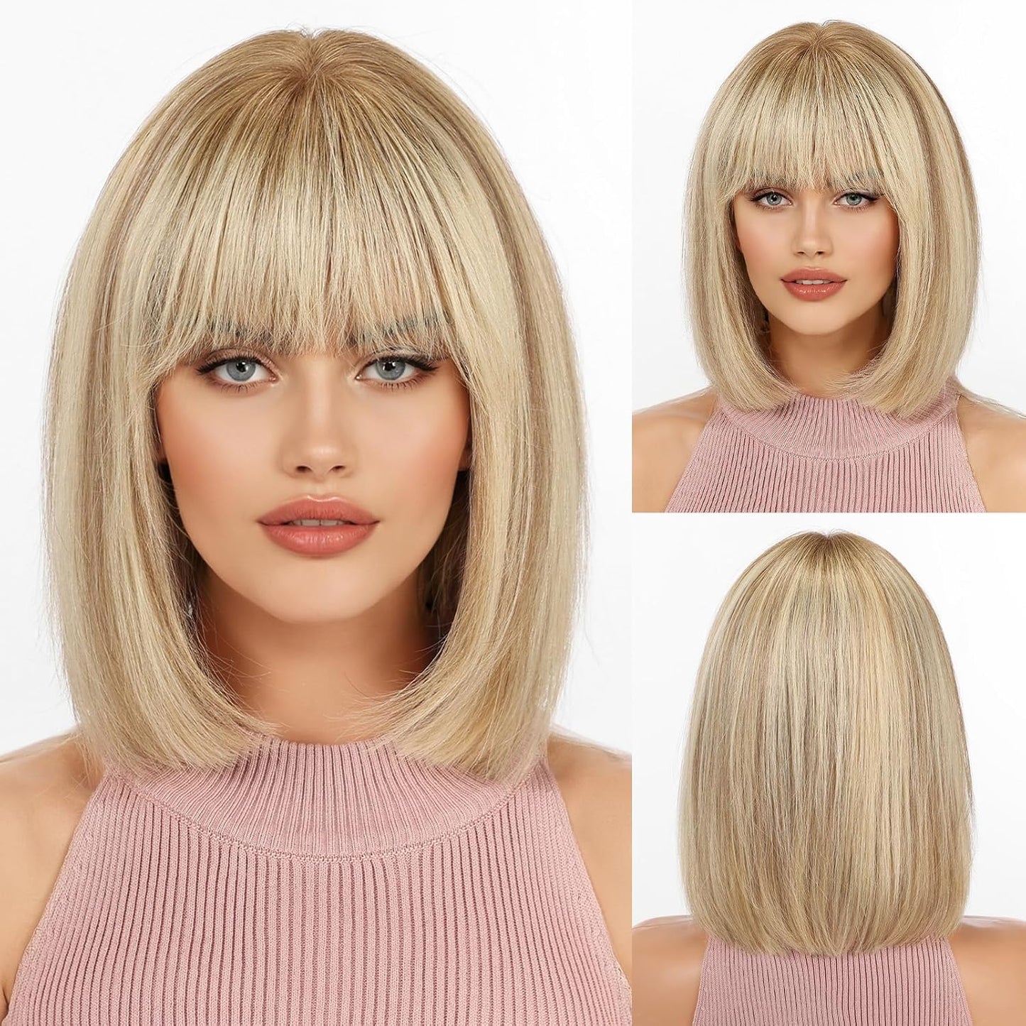 KKU Pelucas de cabello humano rubio castaño degradado para mujer, p...
