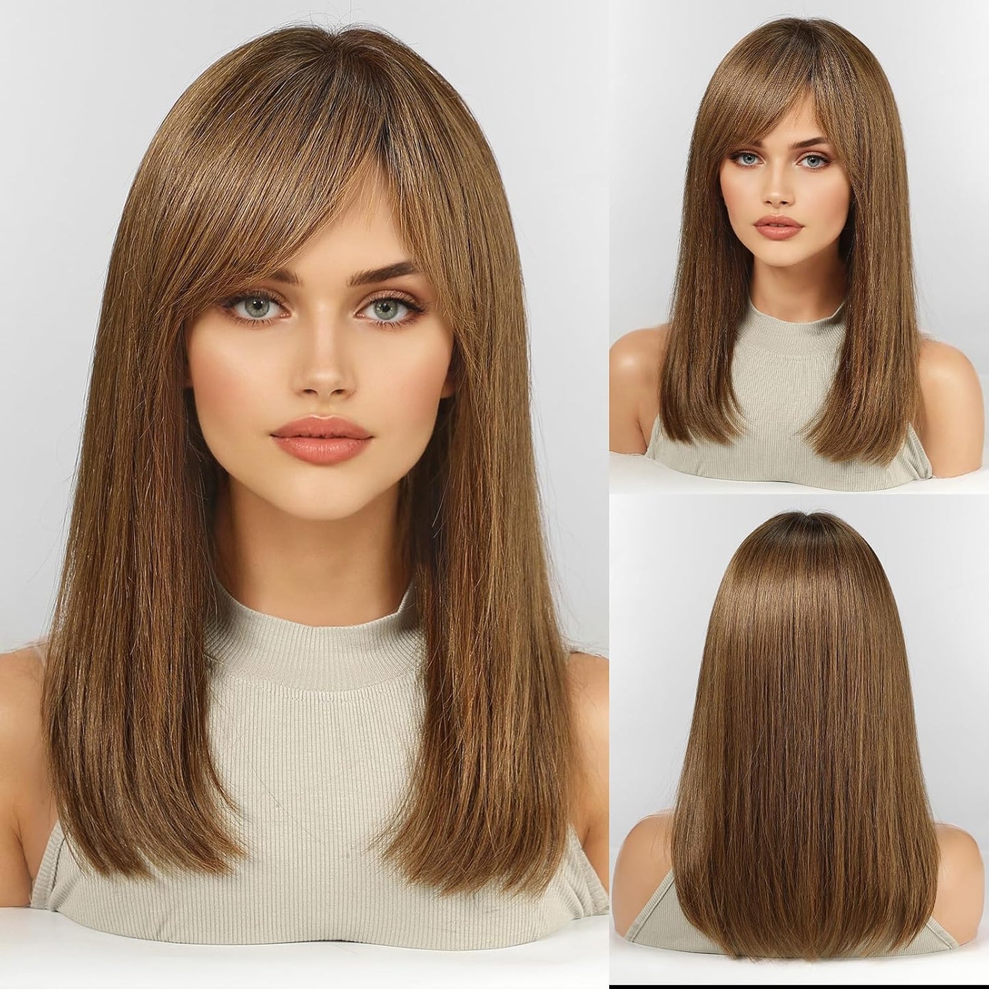 KKU Pelucas de cabello humano castaño degradado de 16 pulgadas para...