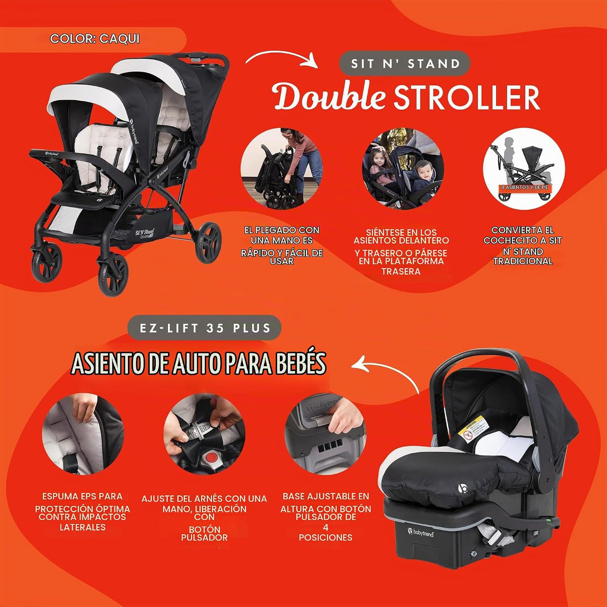 Baby Trend Sit N' Stand - Cochecito doble en tándem con 2 asien...