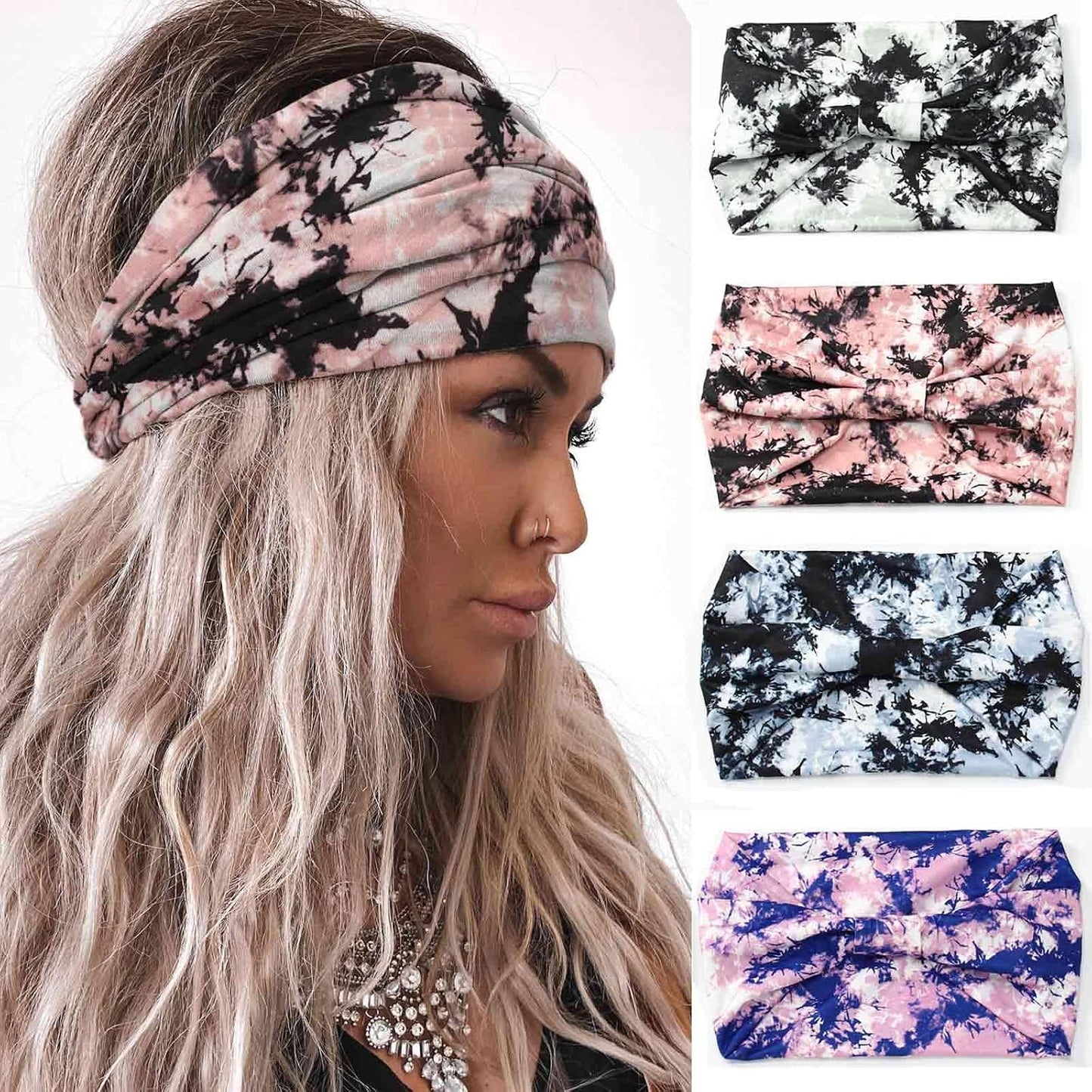 Acenail Diademas Anchas Paquete de 4 (Tie Dye B, Leopardo, Bandas p...