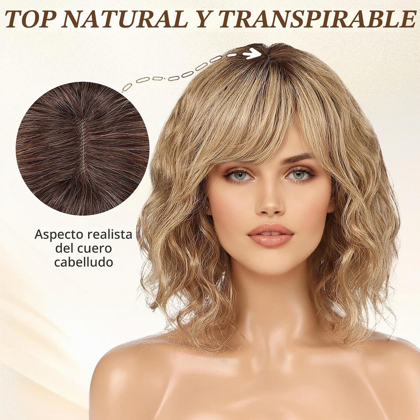 KKU Pelucas de cabello humano ondulado de 12 pulgadas para mujer, p...