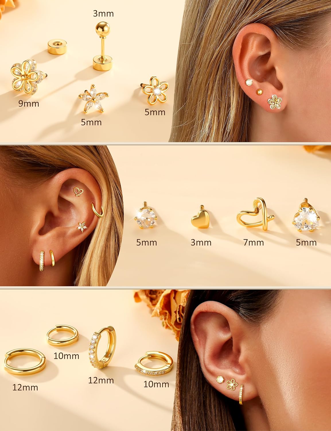 Aretes de tuerca hipoalergénicos de oro para mujeres y niñas - Jueg...